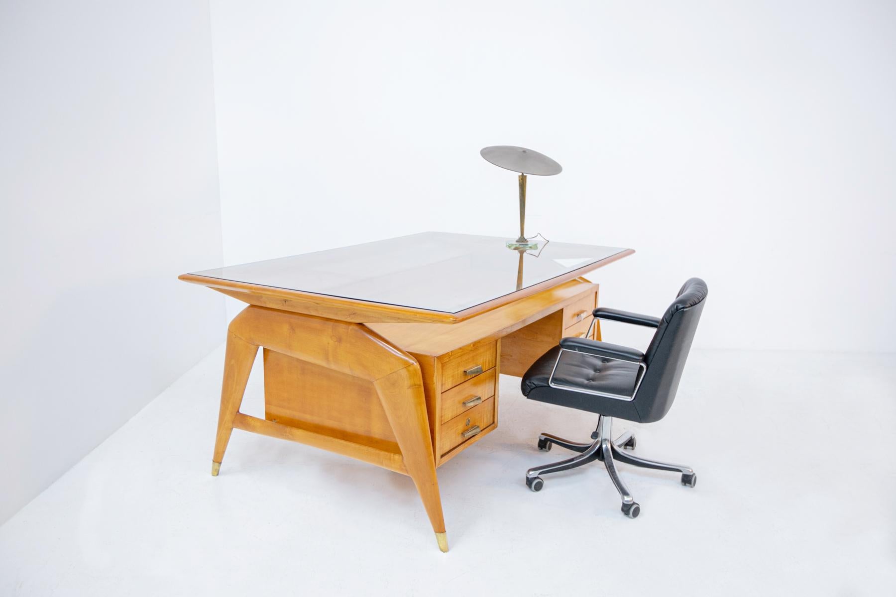 Mid-Century Modern Carlo de Carli Important Desk in Wood Glass and Brass, 1950s Published