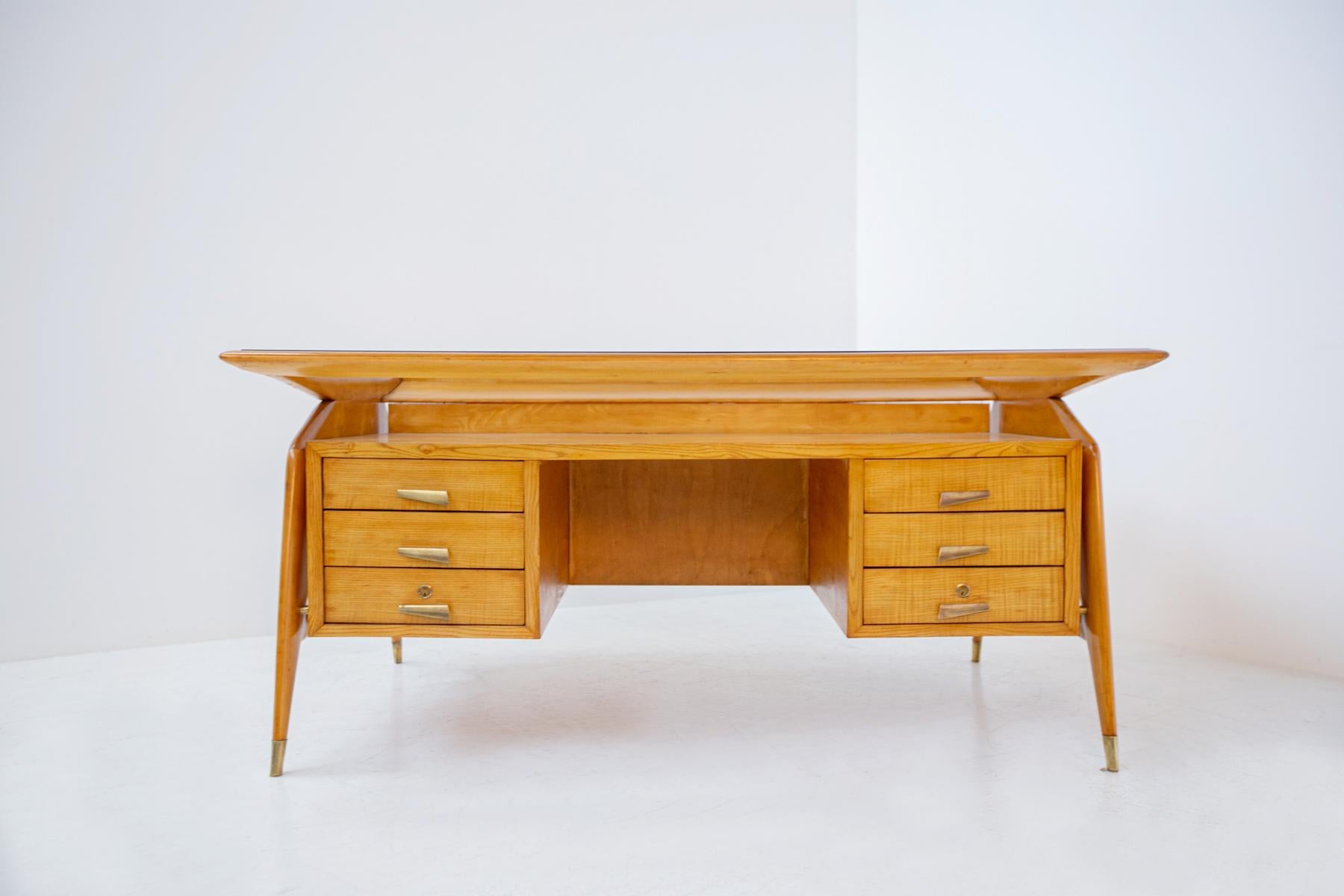 Italian Carlo de Carli Important Desk in Wood Glass and Brass, 1950s Published