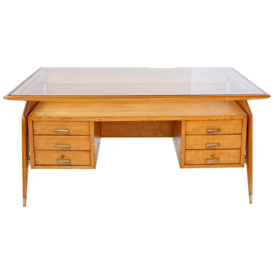 Carlo de Carli Important Desk in Wood Glass and Brass, 1950s Published
