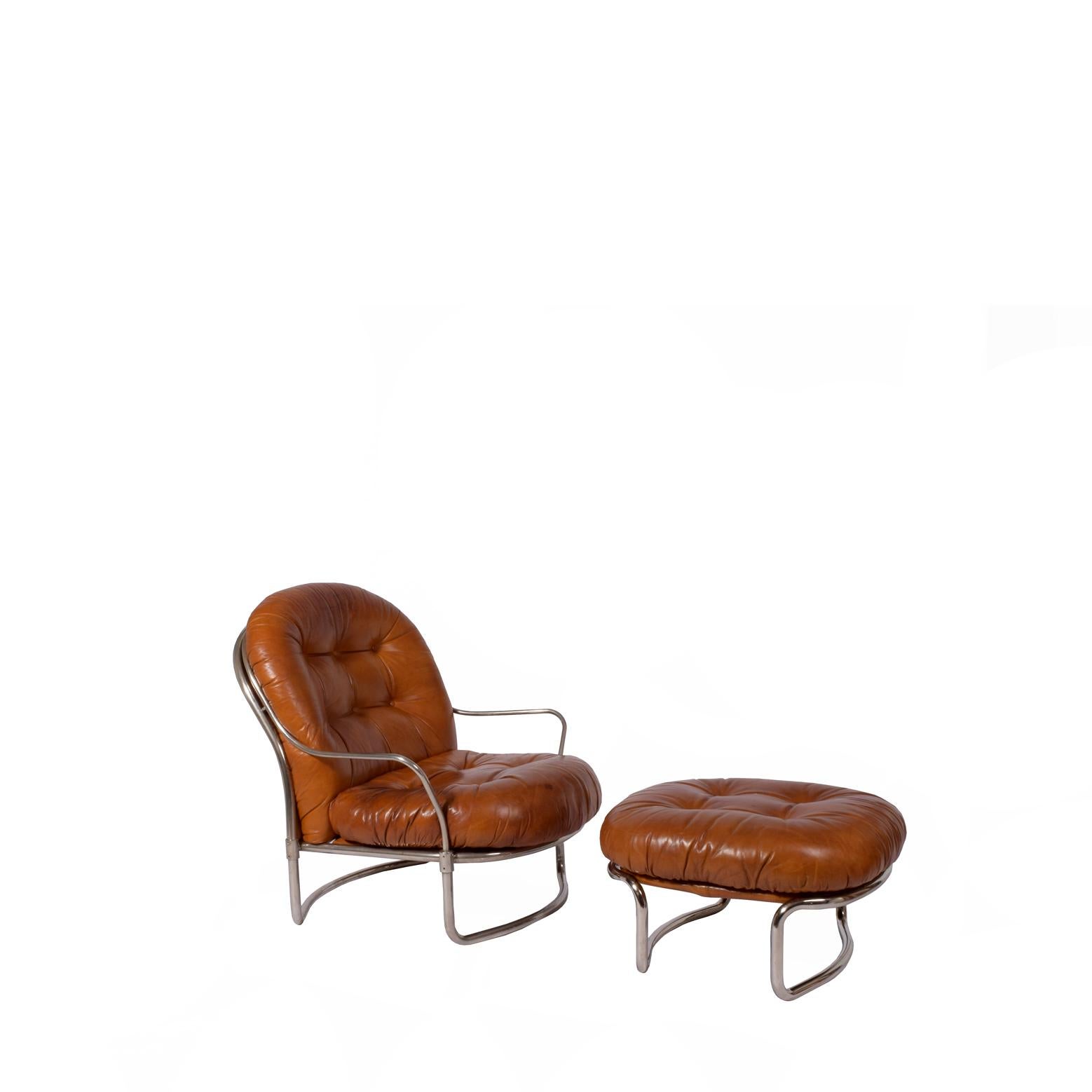Carlo de Carli, lounge chair & ottoman no. 915 design for Cinova Italy original cognac leather, nickel plated steel frame.