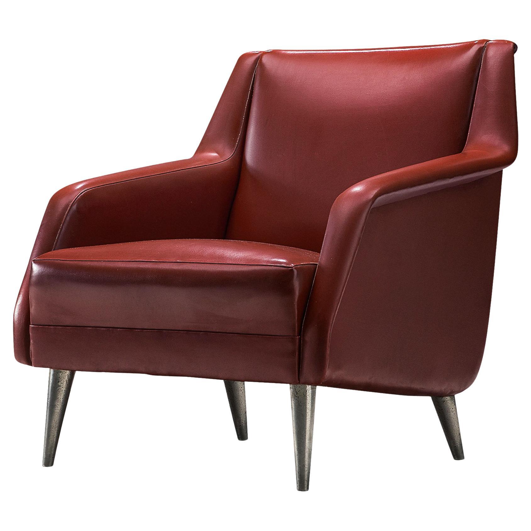 Carlo de Carli Lounge Chair in Red Upholstery and Nickel-Plated Brass For Sale