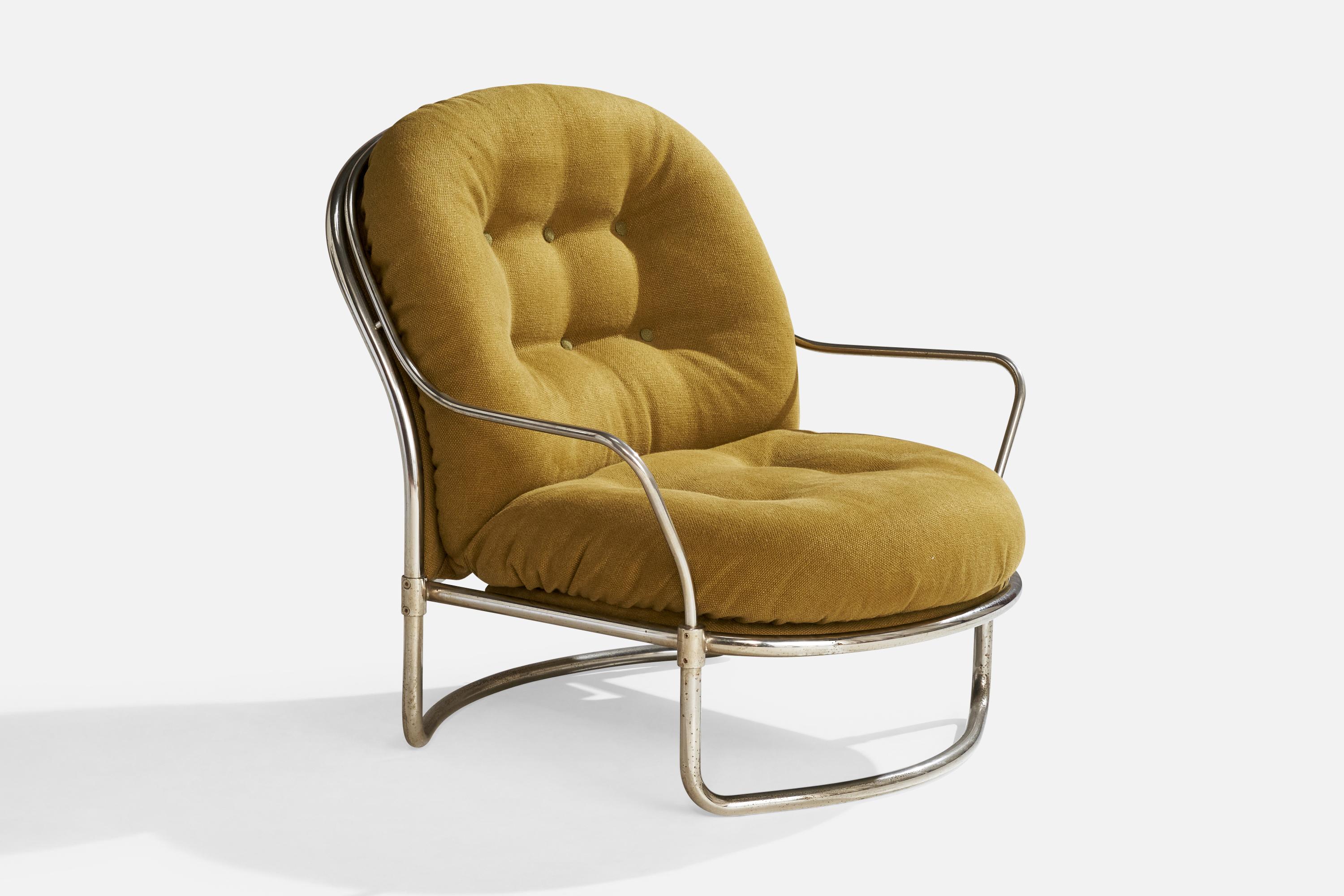 Sedia da salotto in tubolare di metallo cromato e tessuto verde disegnata da Carlo De Carli e prodotta da Cinova, Italia, 1969 circa.

Dimensioni: 33,75