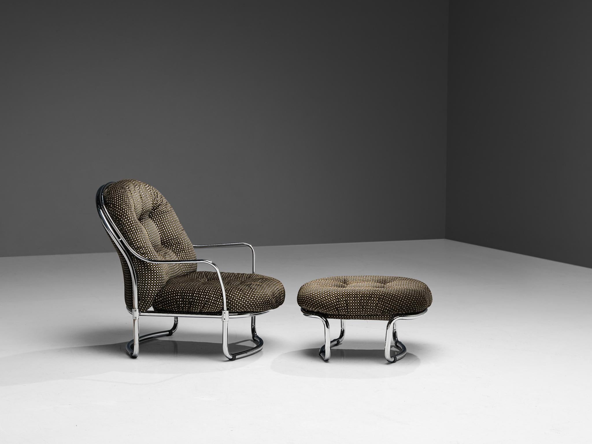 Carlo De Carli for Cinova, lounge chair model '915' with ottoman, metal, chrome, fabric, Italy, 1969.

Elegant, tubular armchair with ottoman designed by Carlo De Carli in 1969, manufactured by Cinova, Italy. Both pieces feature a curved, chromed