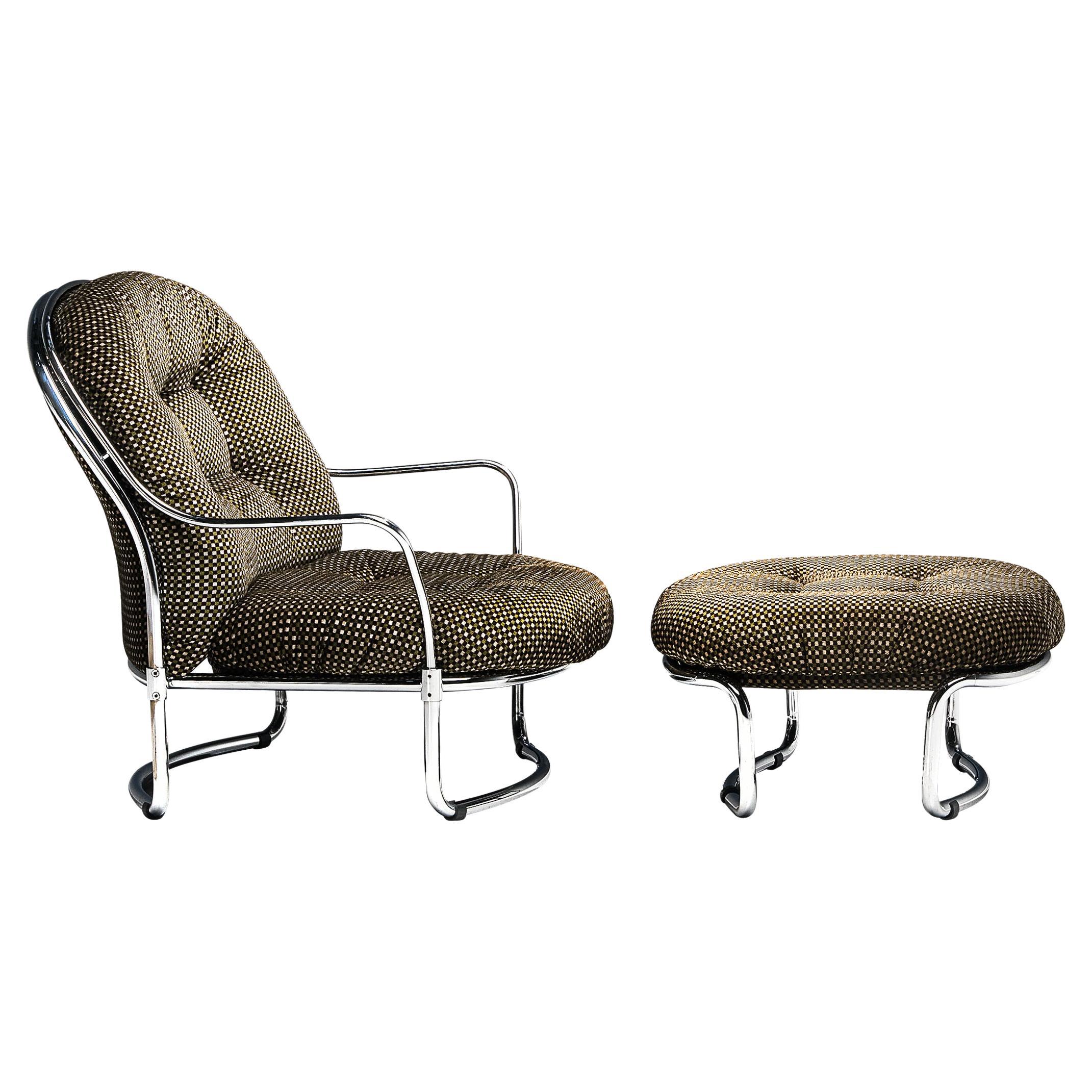 Chaise longue Carlo De Carli avec pouf en tissu à carreaux en vente