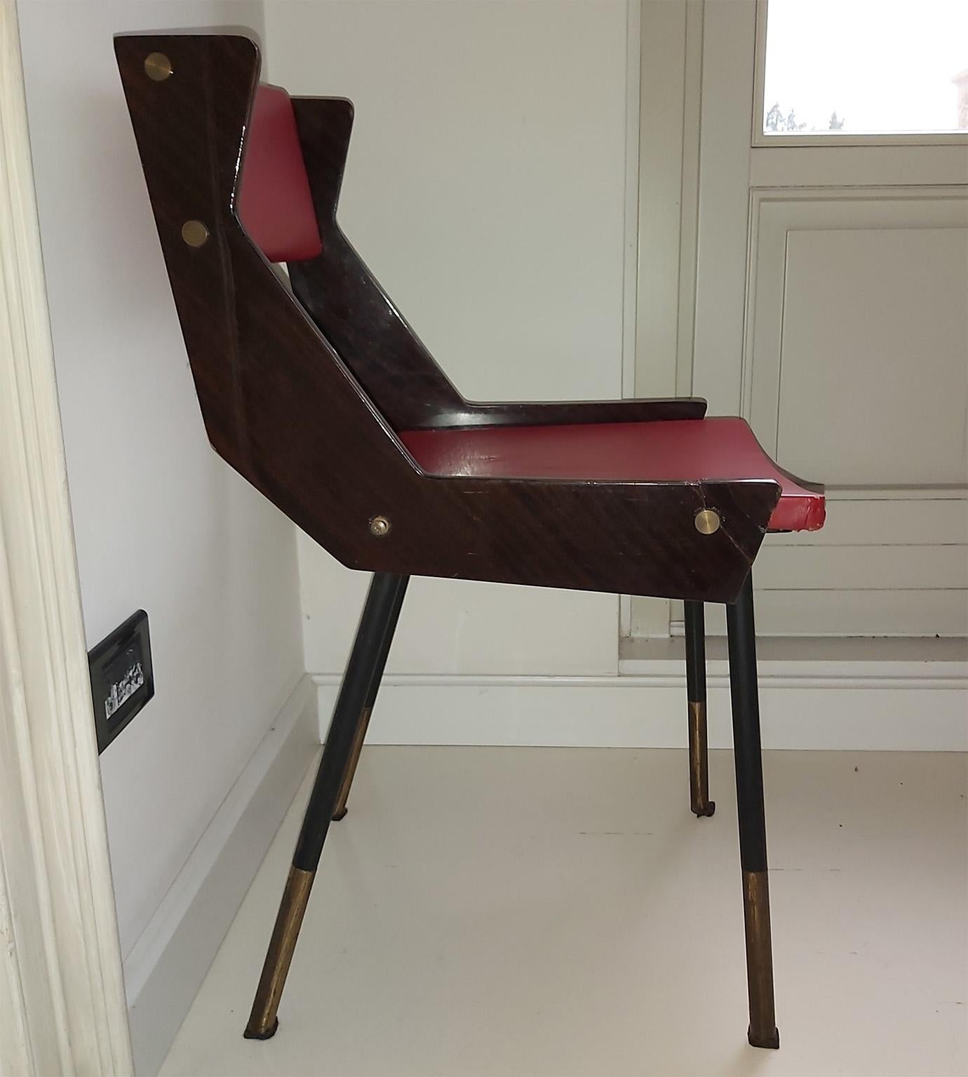 Carlo De Carli Mid-Century Modern Side/Desk Wood and Brass Chair, Italy, 1950s For Sale 1