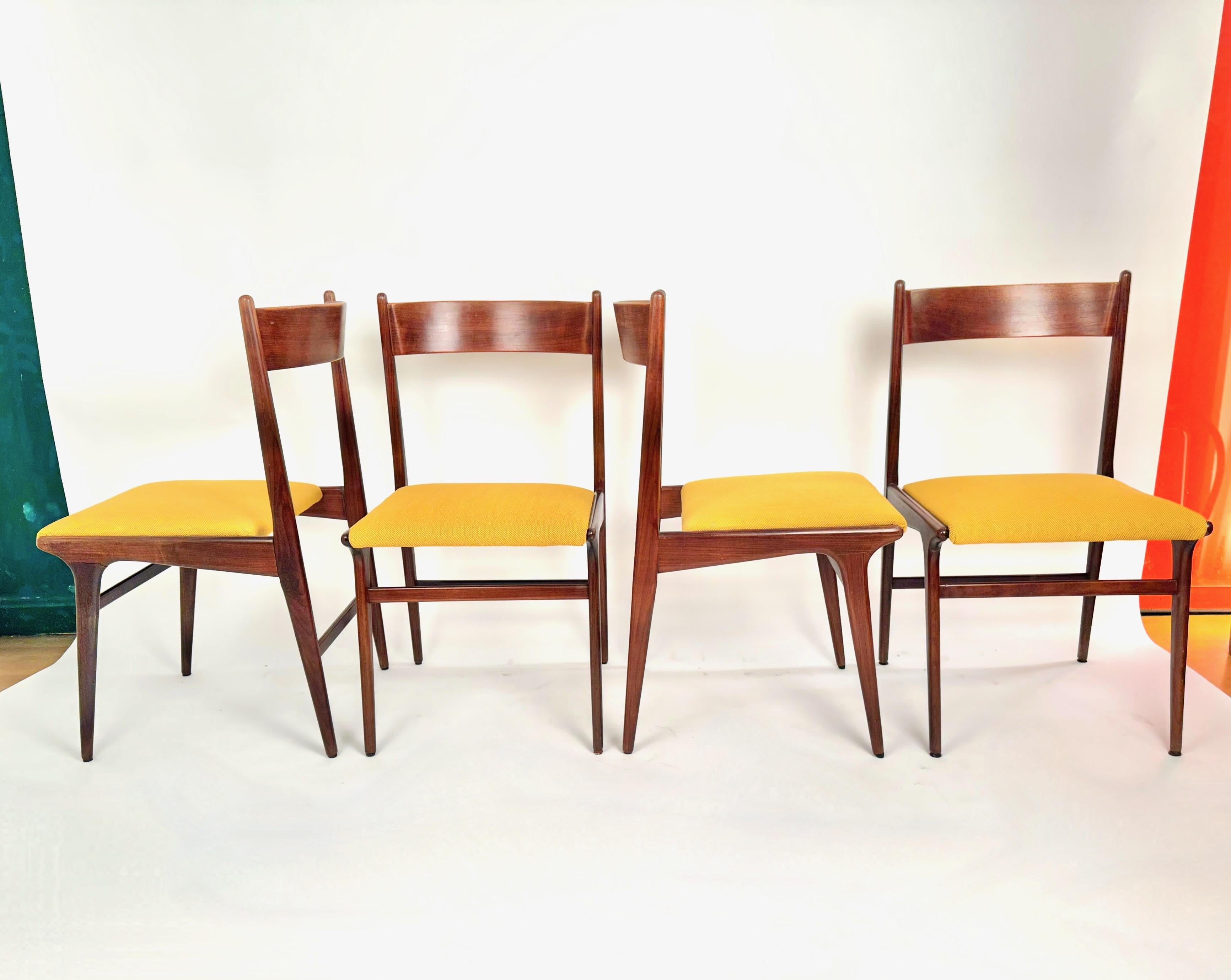 Mid-20th Century Carlo de Carli MidSet of Four Teak Dining Chairs in Kvadrat Yello Fabric, 1960s