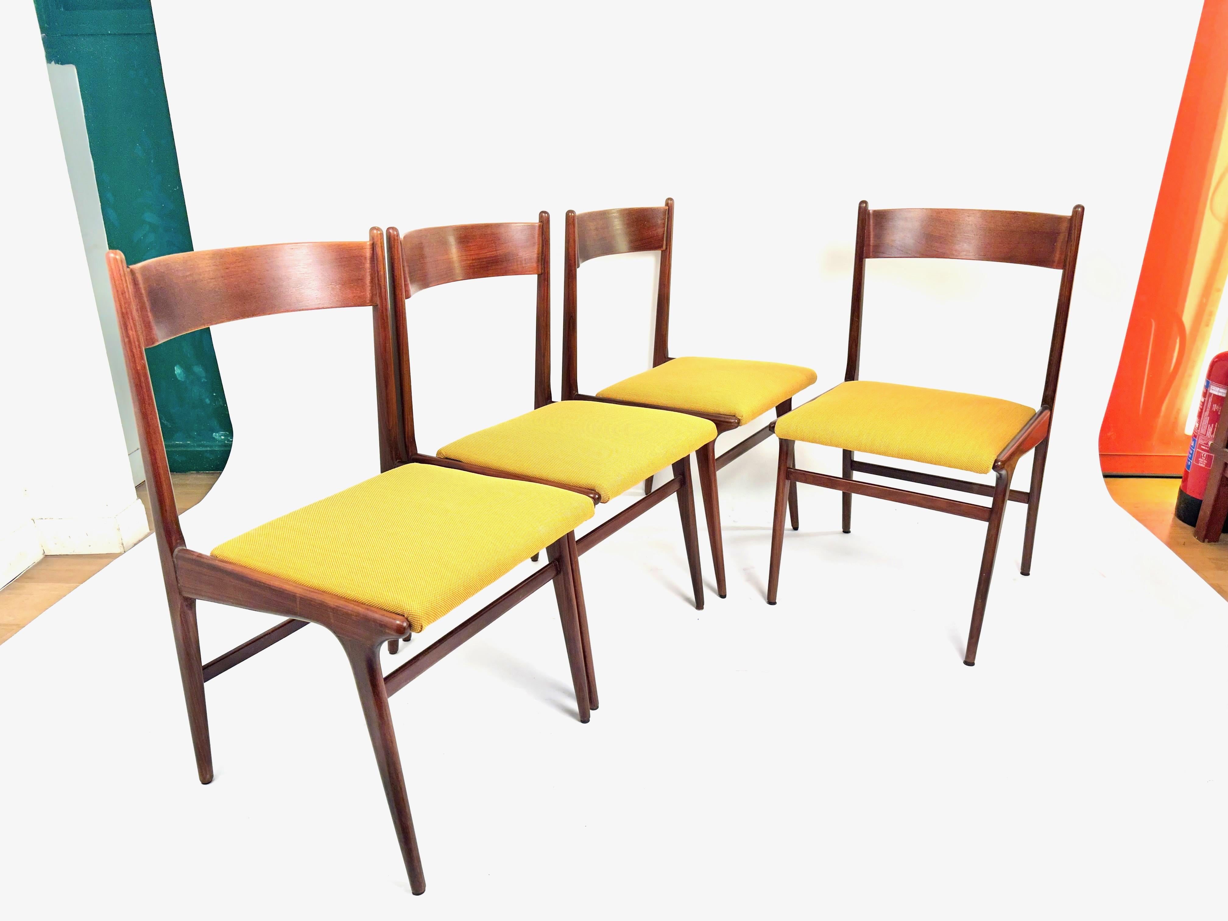 Carlo de Carli MidSet of Four Teak Dining Chairs in Kvadrat Yello Fabric, 1960s For Sale 3