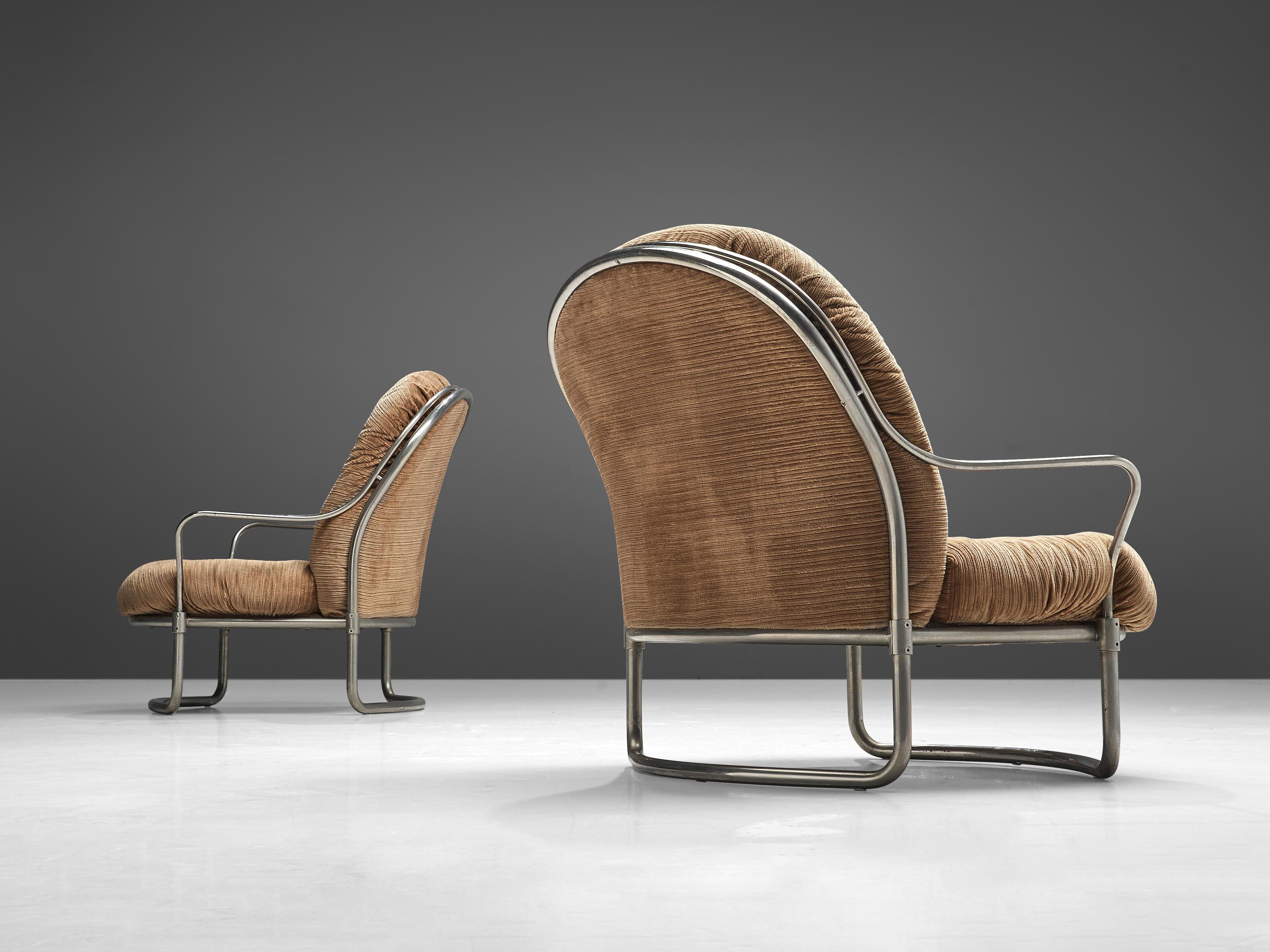 Mid-Century Modern Carlo De Carli Pair of Lounge Chairs with Ottoman in Beige Corduroy and Steel 