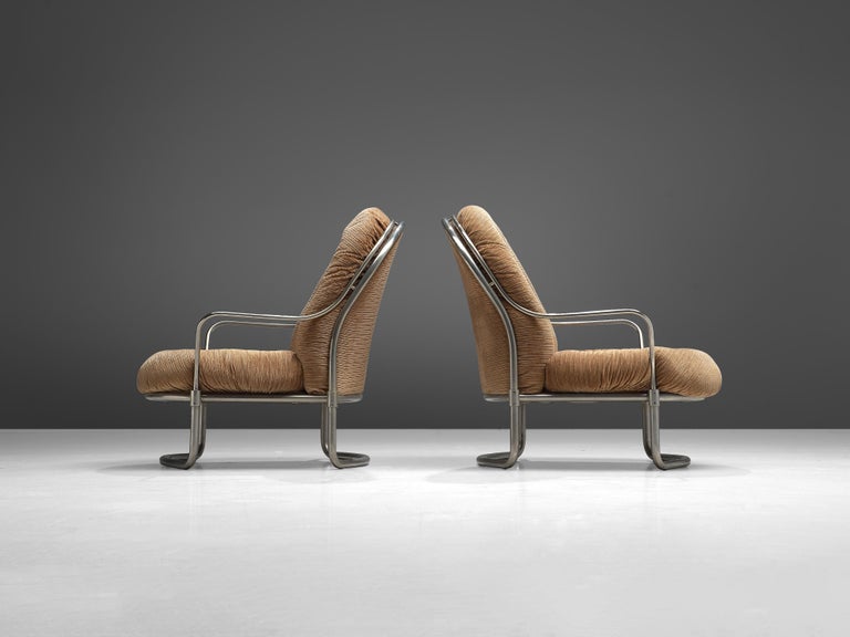 Carlo De Carli Pair of Lounge Chairs with Ottoman in Beige Corduroy and Steel  In Good Condition For Sale In Waalwijk, NL