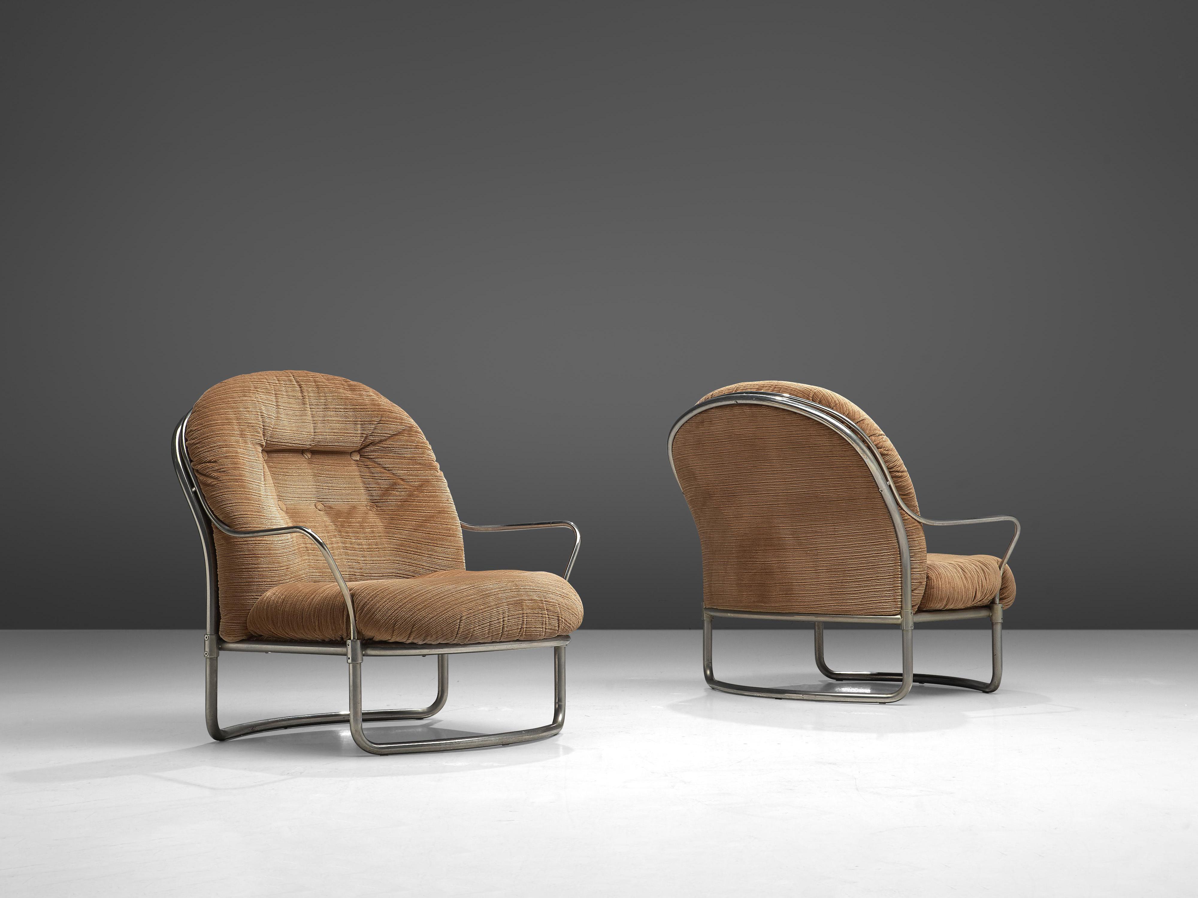 Carlo De Carli Pair of Lounge Chairs with Ottoman in Beige Corduroy and Steel  1