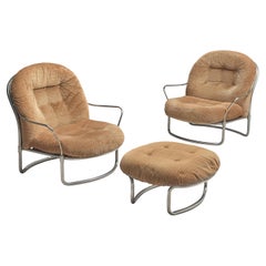Carlo De Carli Pair of Lounge Chairs with Ottoman in Beige Corduroy and Steel 