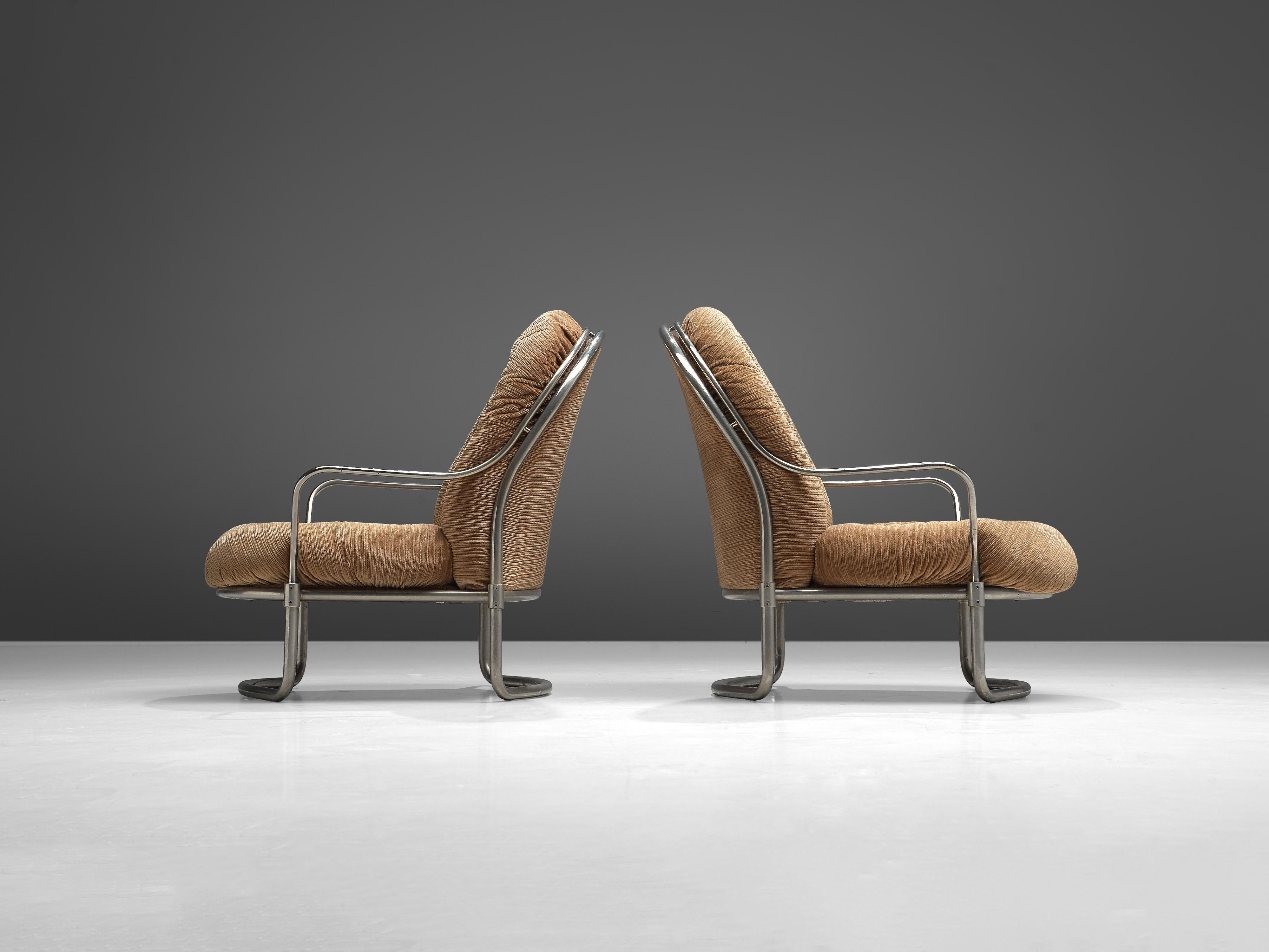 European Carlo De Carli Pair of Lounge Chairs with Ottoman in Beige Corduroy & Steel  For Sale