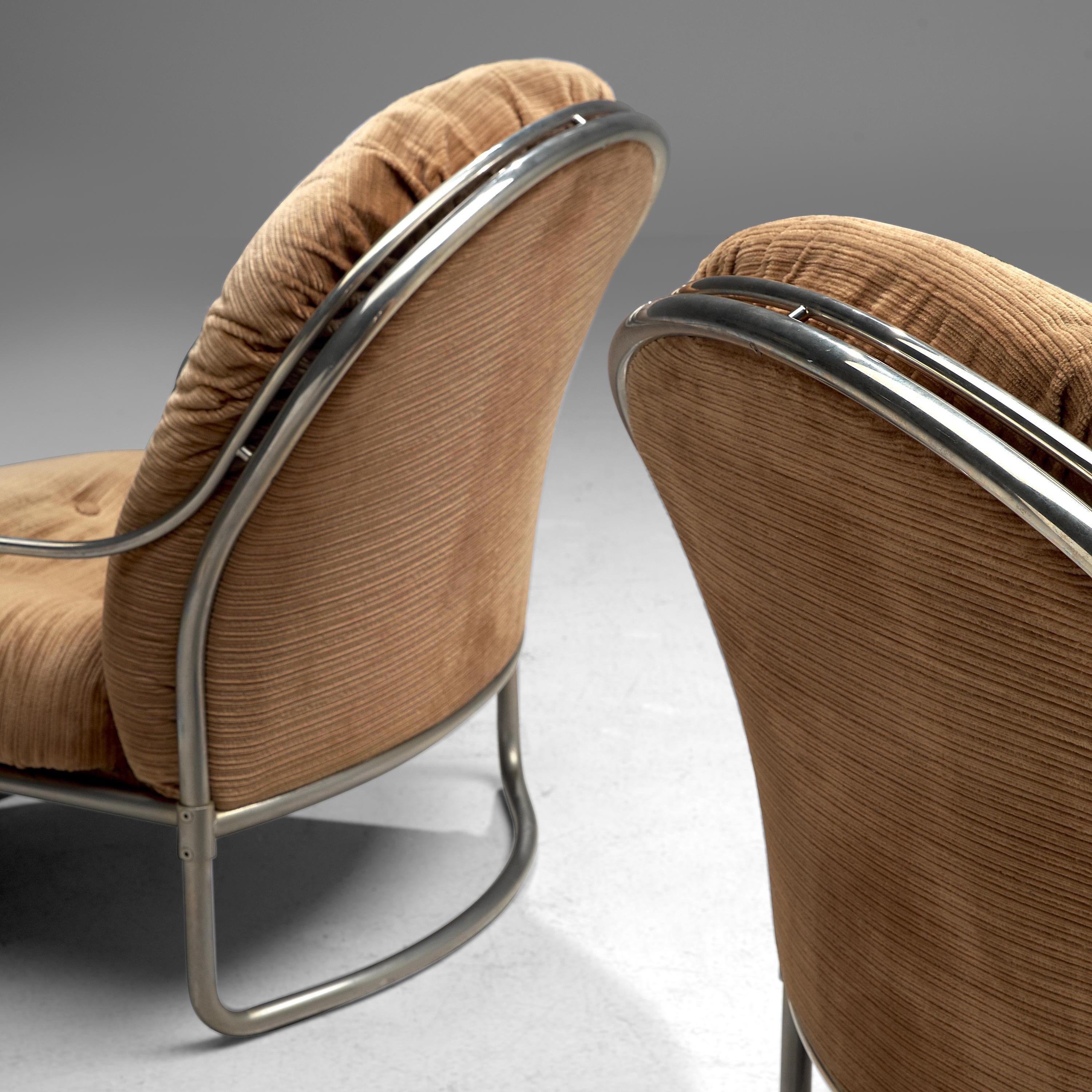 Carlo De Carli Pair of Lounge Chairs with Ottoman in Beige Corduroy & Steel  In Good Condition For Sale In Waalwijk, NL