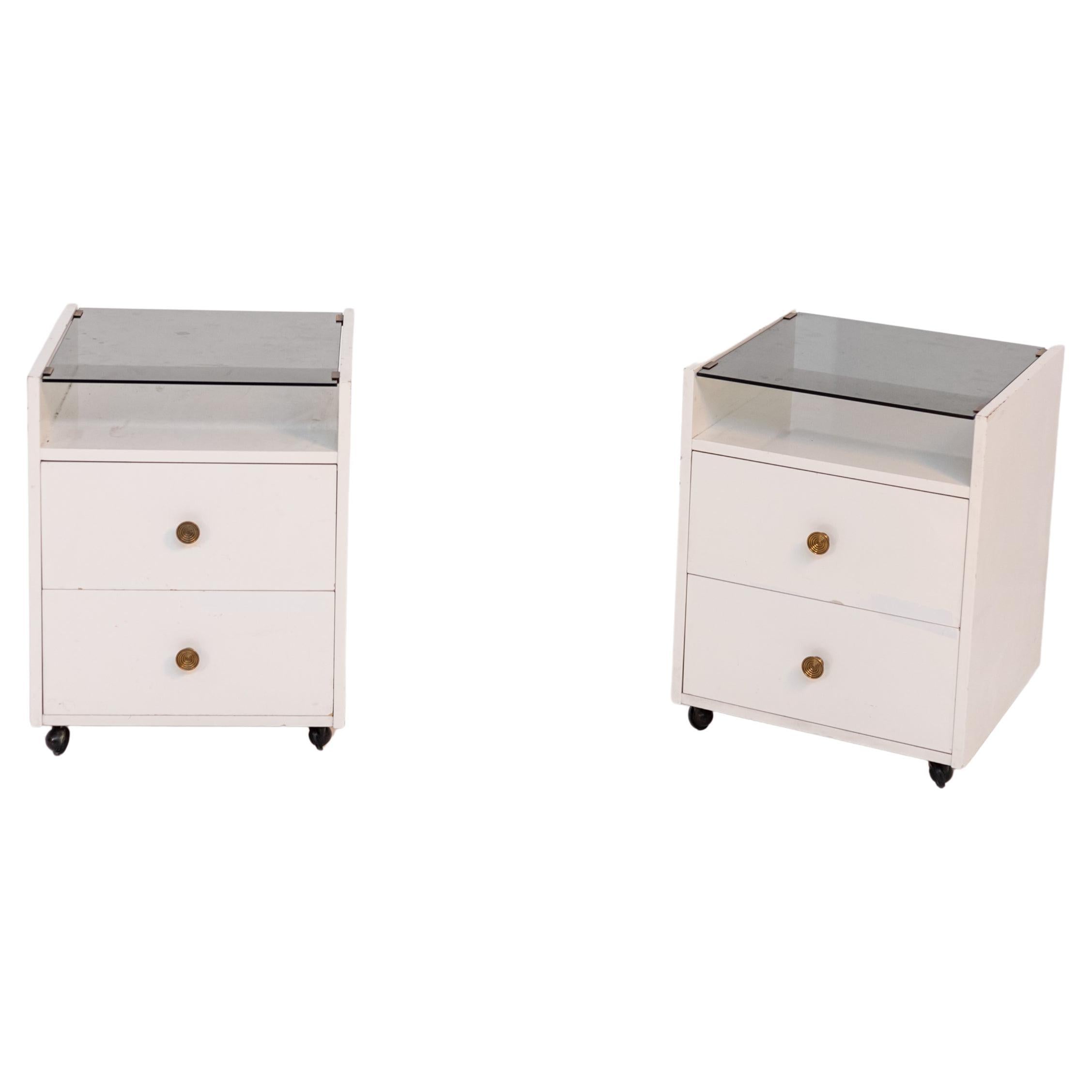 Carlo de Carli Pair of White Night Stand for Sormani in Wood Brass and Glass