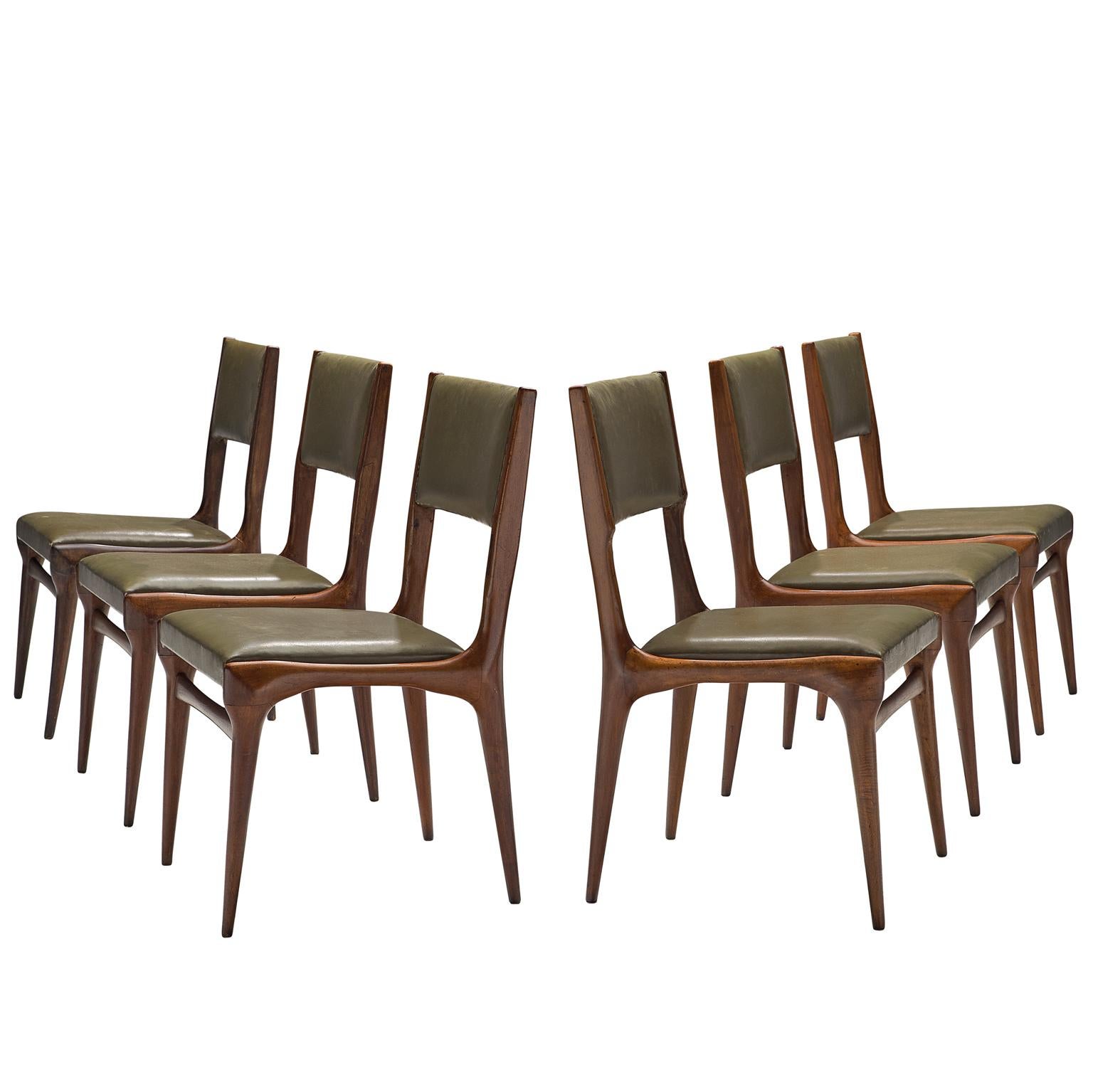 Carlo de Carli Set of Rosewood Chairs in Olive Green Upholstery