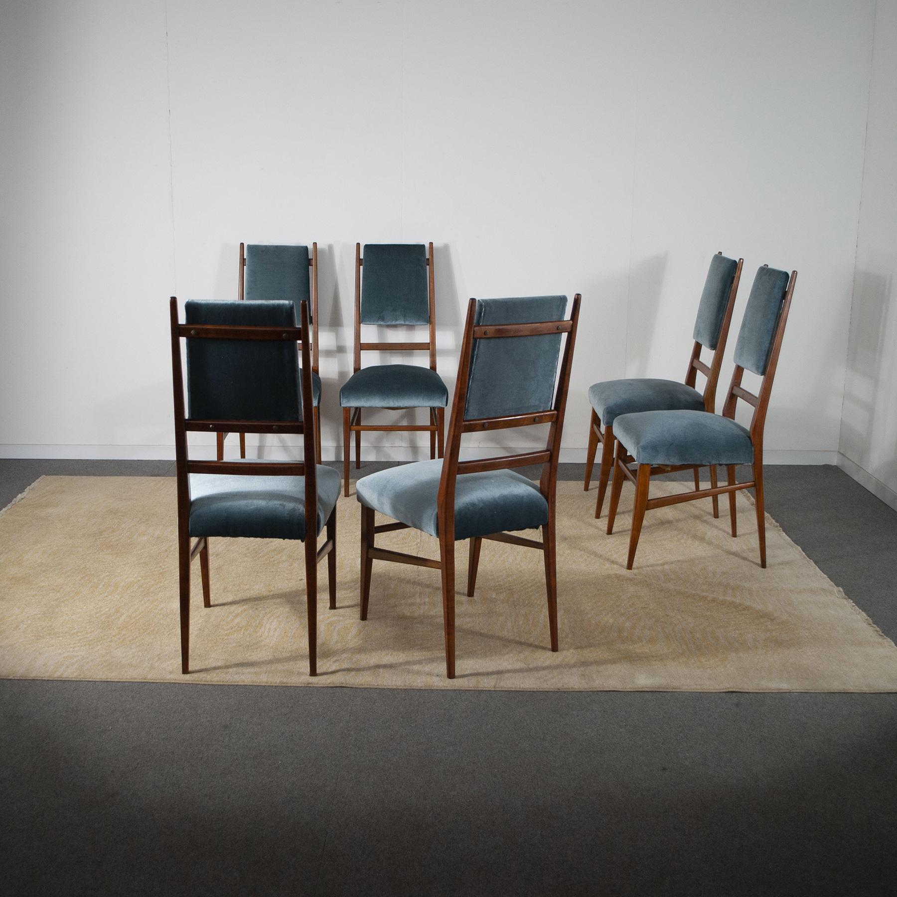 Velvet Carlo de Carli Set of Six Rare Chairs from the Fifties For Sale