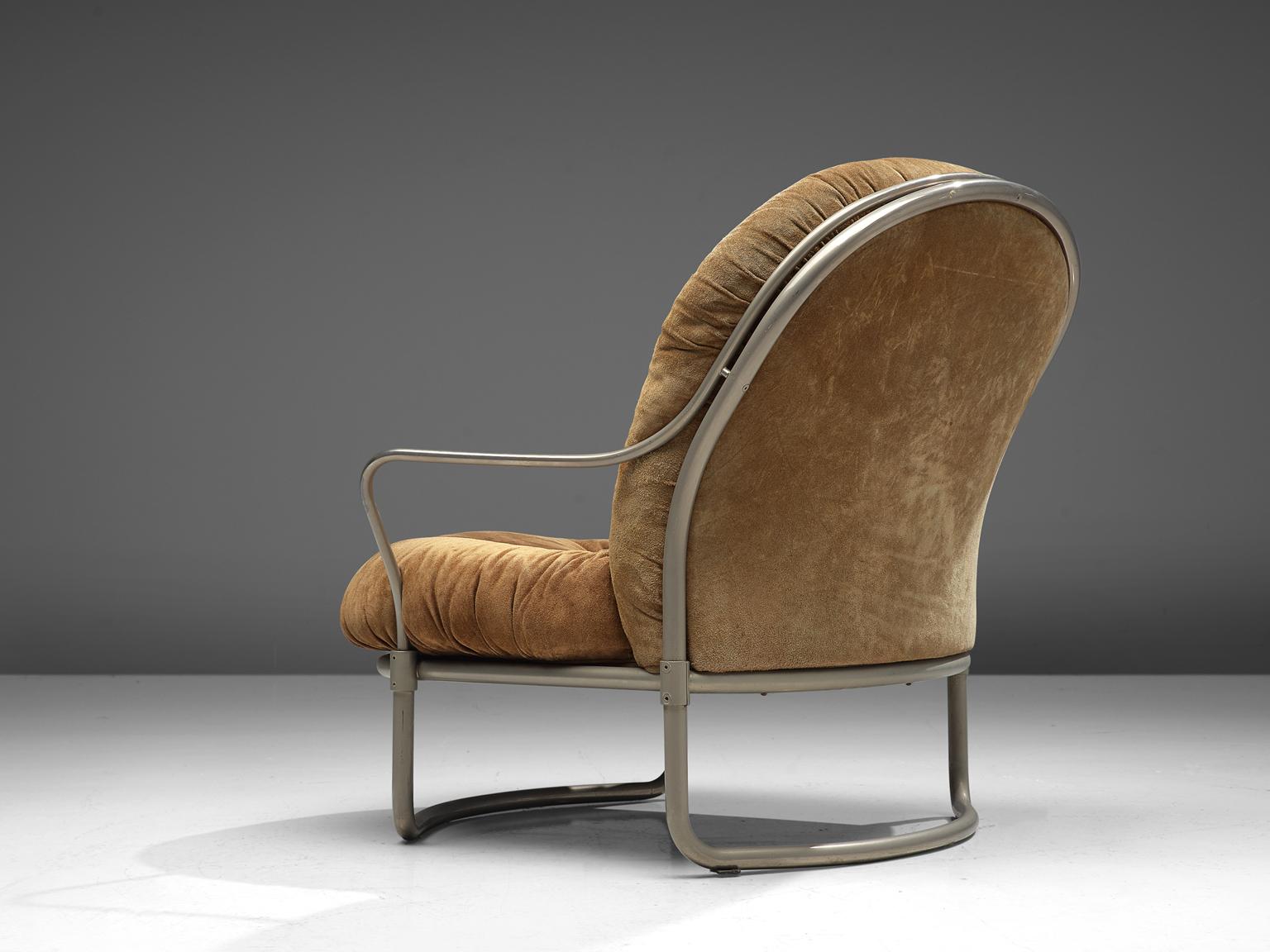 Italian Carlo de Carli Tubular Lounge Chair with Cognac Suede Seat