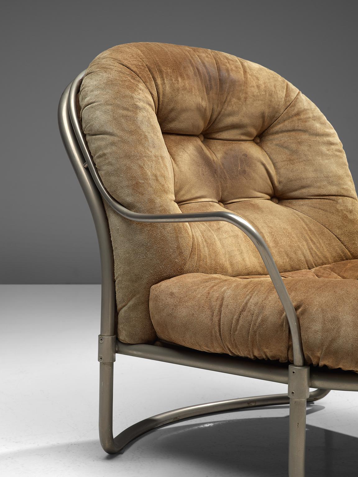 Metal Carlo de Carli Tubular Lounge Chair with Cognac Suede Seat