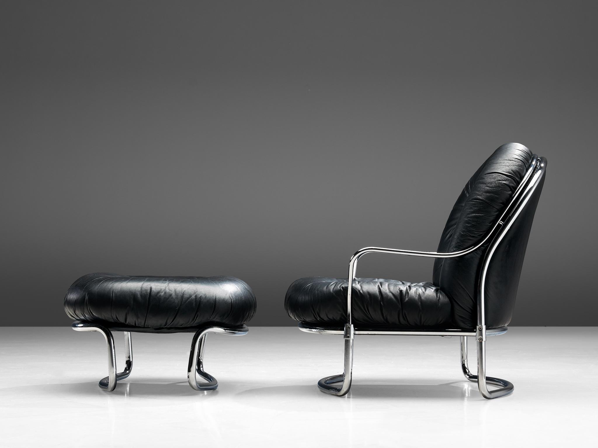Mid-Century Modern Carlo de Carli Tubular Lounge Chair with Ottoman in Black Leather