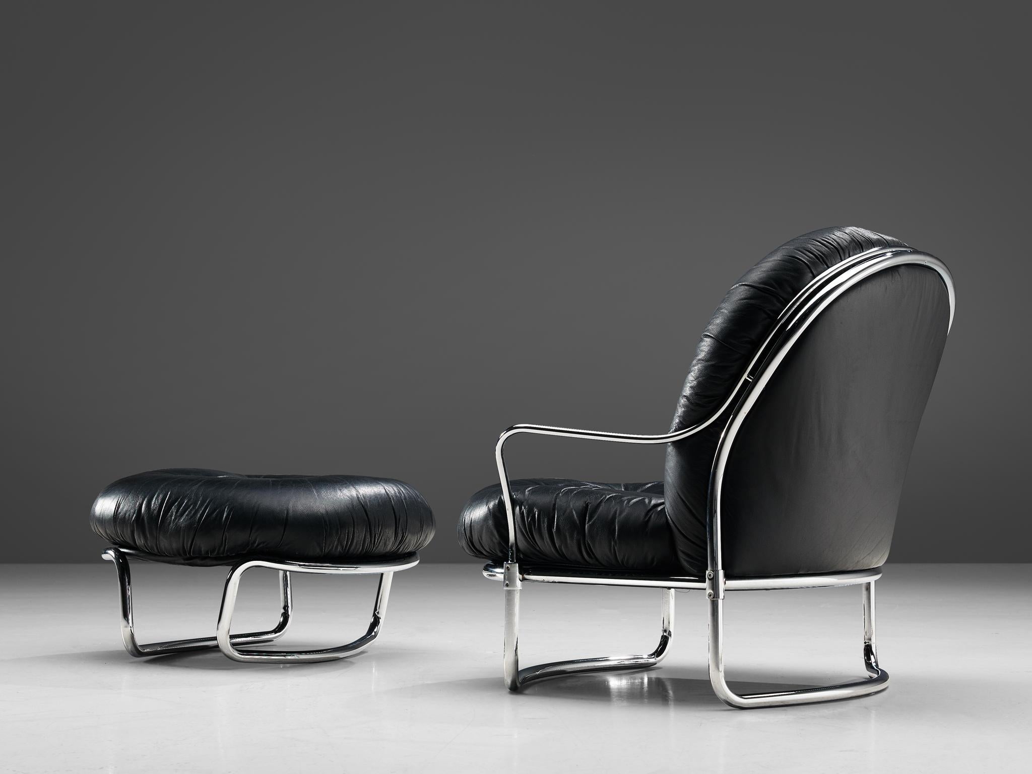Italian Carlo de Carli Tubular Lounge Chair with Ottoman in Black Leather