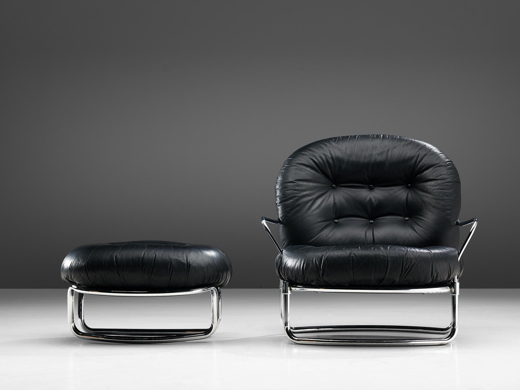Mid-20th Century Carlo de Carli Tubular Lounge Chair with Ottoman in Black Leather