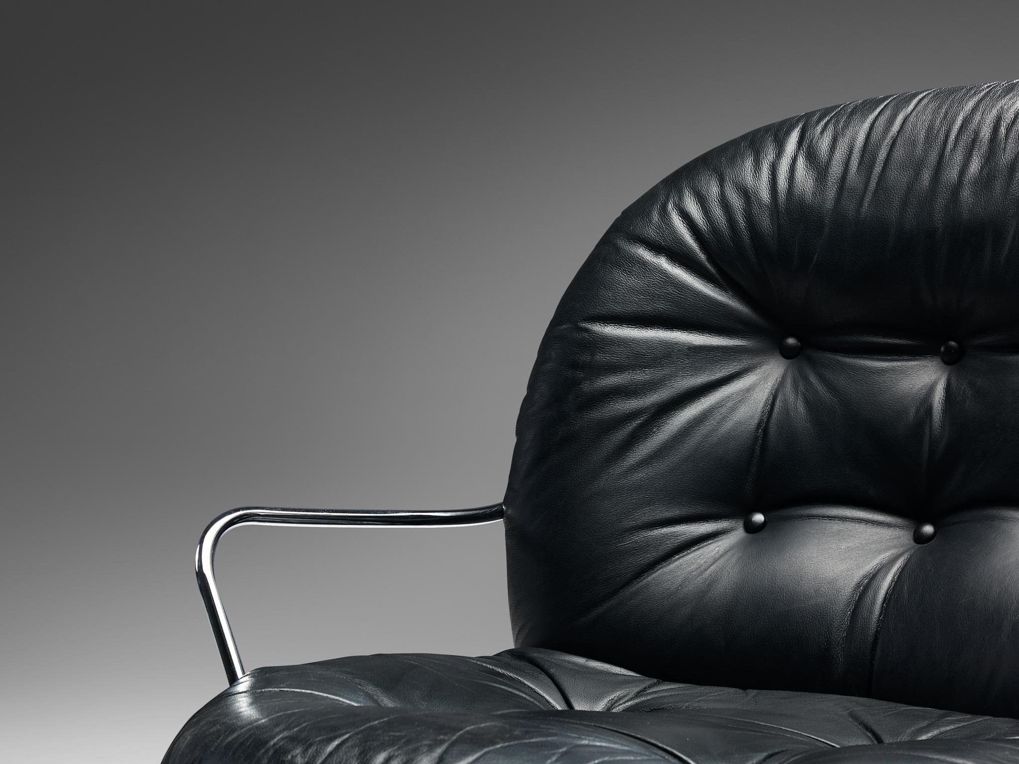 Metal Carlo de Carli Tubular Lounge Chair with Ottoman in Black Leather