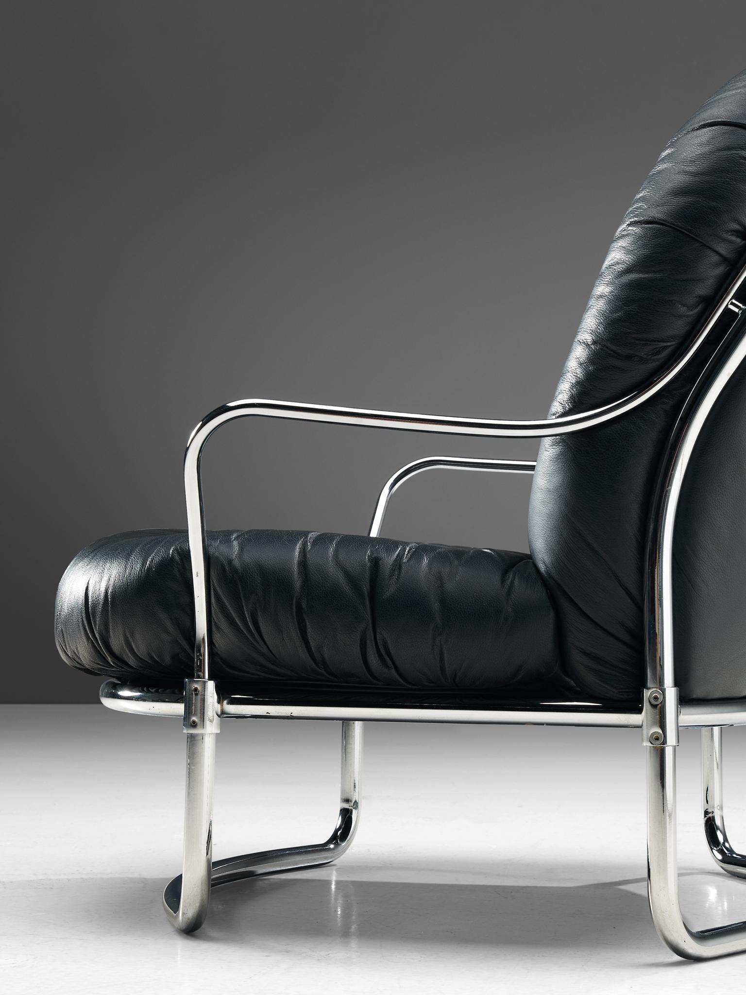Carlo de Carli Tubular Lounge Chair with Ottoman in Black Leather 1