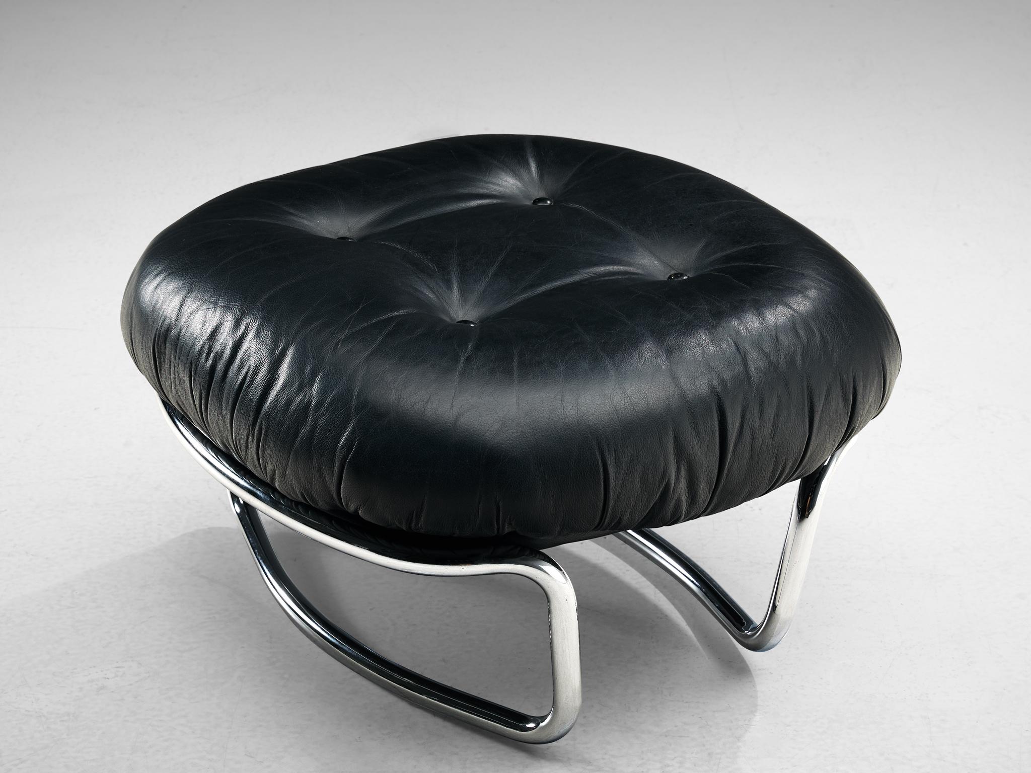 Carlo de Carli Tubular Lounge Chair with Ottoman in Black Leather 2
