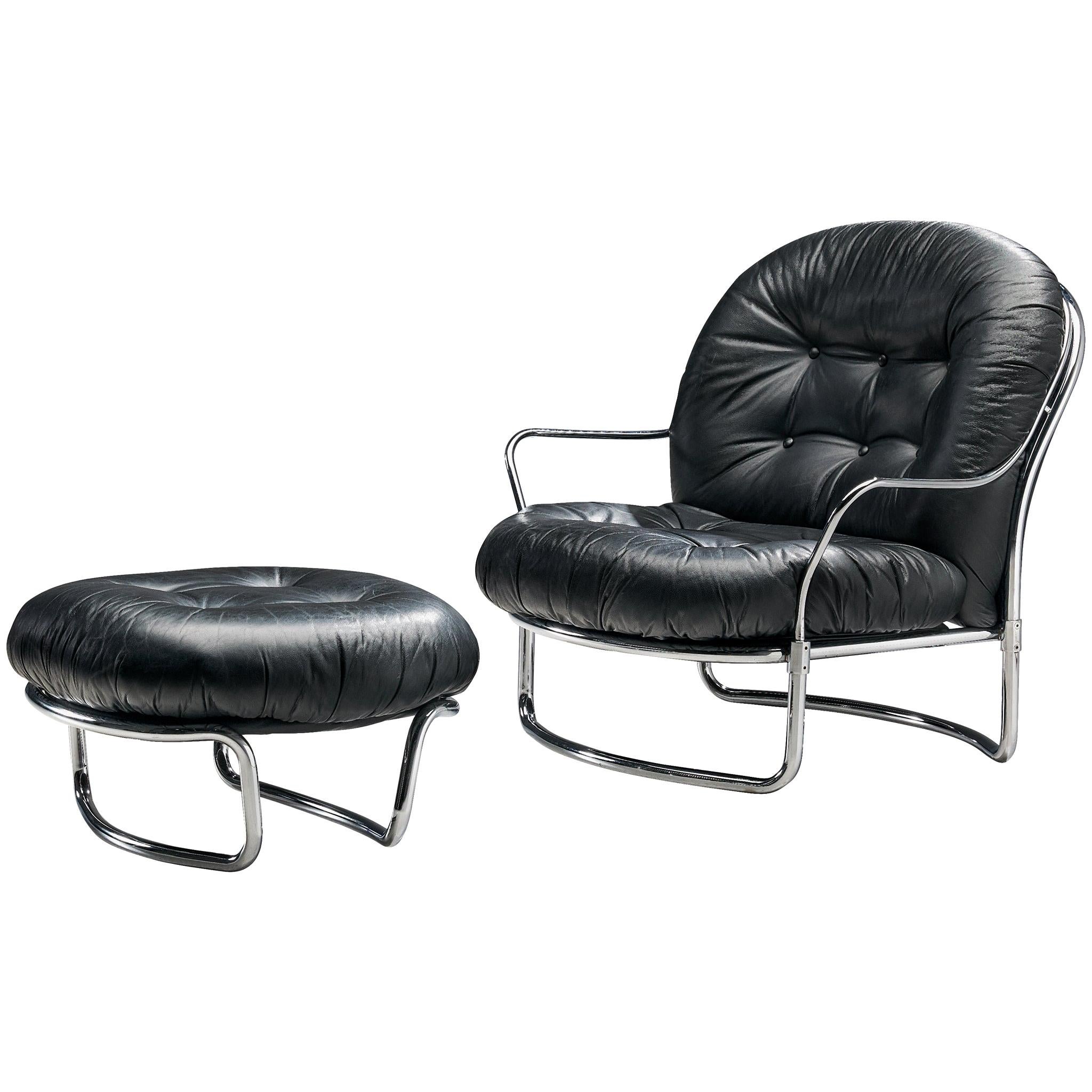 Carlo de Carli Tubular Lounge Chair with Ottoman in Black Leather