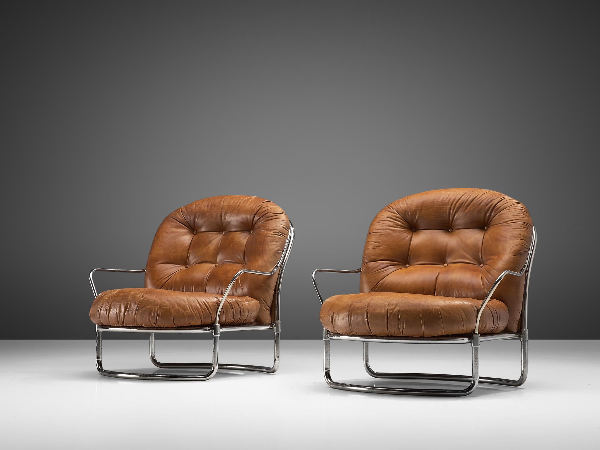 Mid-Century Modern Carlo de Carli Tubular Lounge Chairs in Cognac Leather