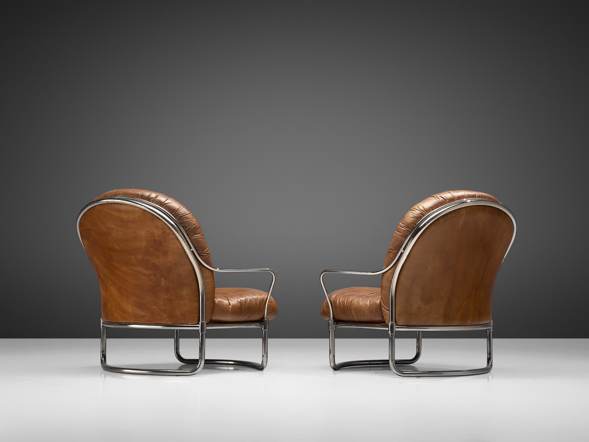 Italian Carlo de Carli Tubular Lounge Chairs in Cognac Leather