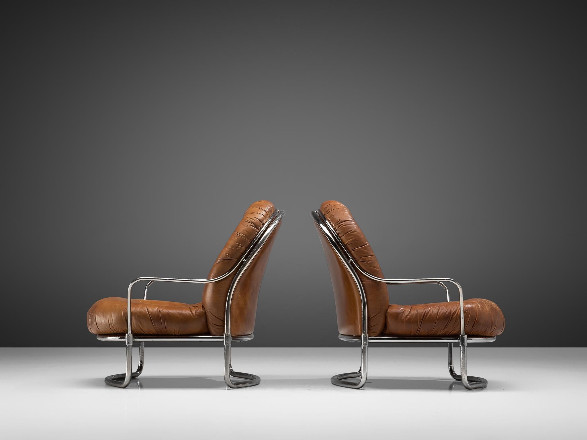 Carlo de Carli Tubular Lounge Chairs in Cognac Leather In Good Condition In Waalwijk, NL