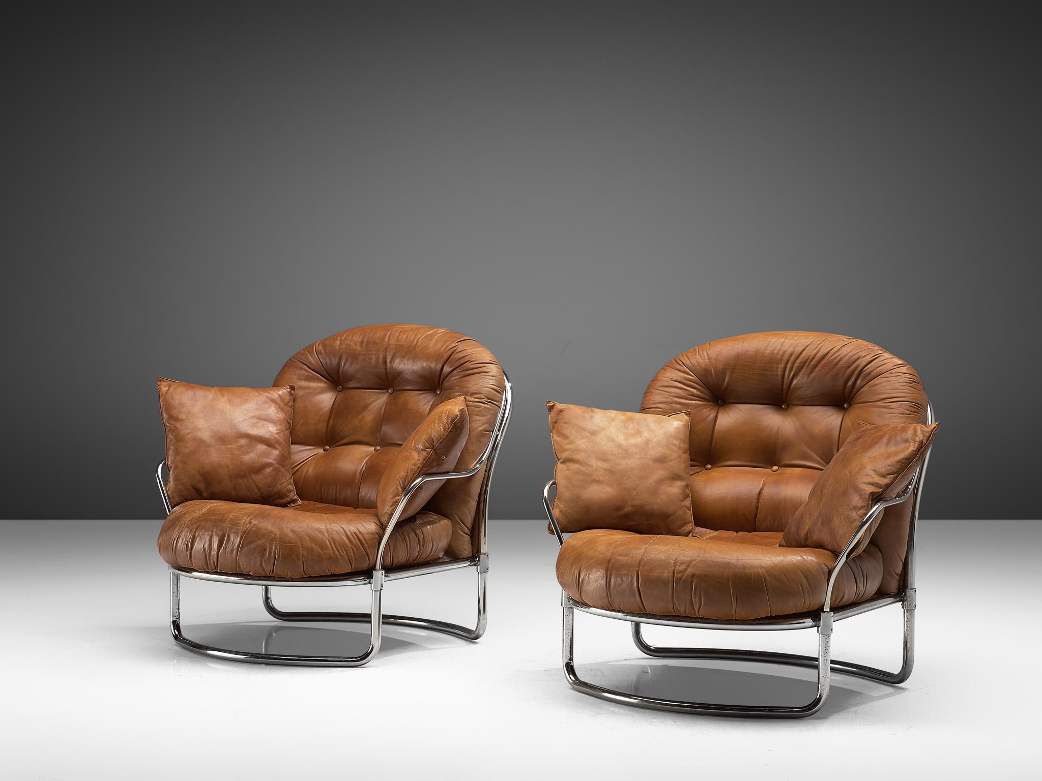 Mid-20th Century Carlo de Carli Tubular Lounge Chairs in Cognac Leather
