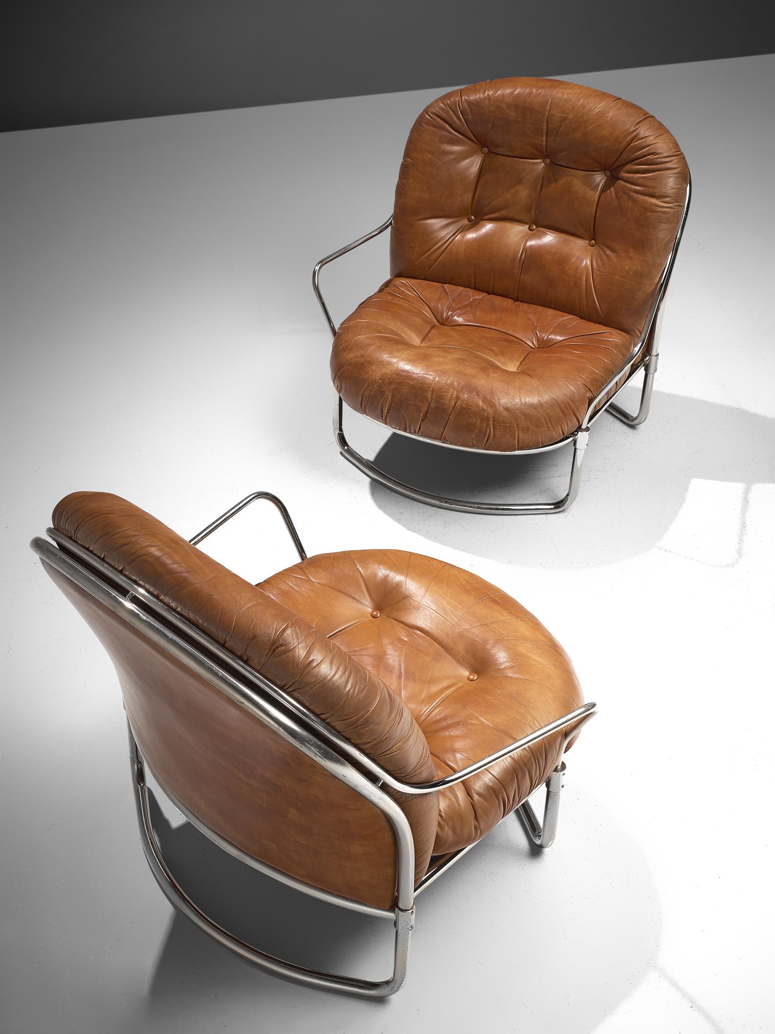 Metal Carlo de Carli Tubular Lounge Chairs in Cognac Leather