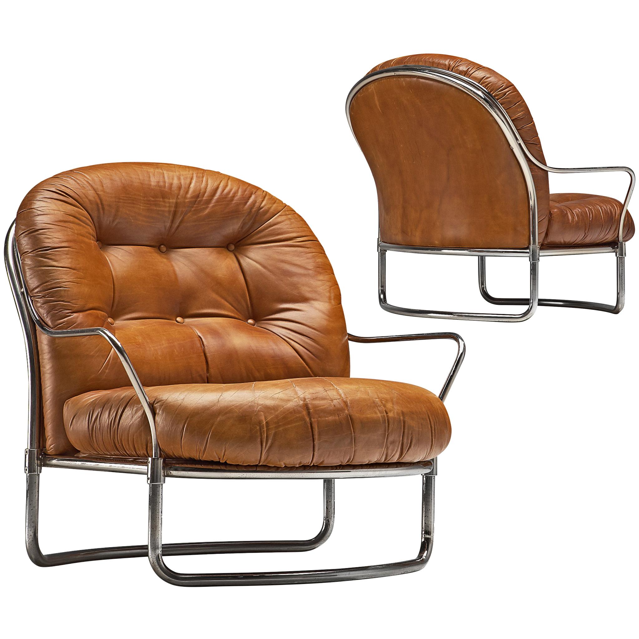 Carlo de Carli Tubular Lounge Chairs in Cognac Leather