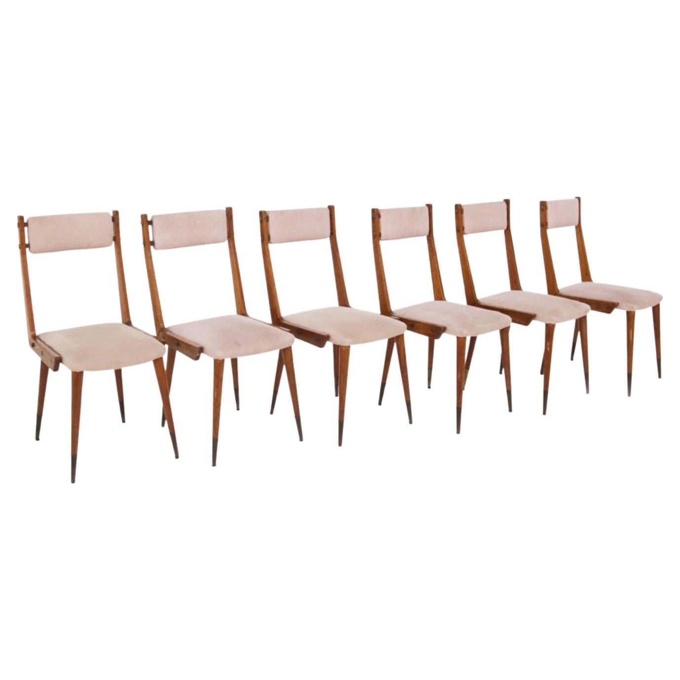 Carlo de Carli Wooden Chairs in Brass and Velvet 'Attr' For Sale