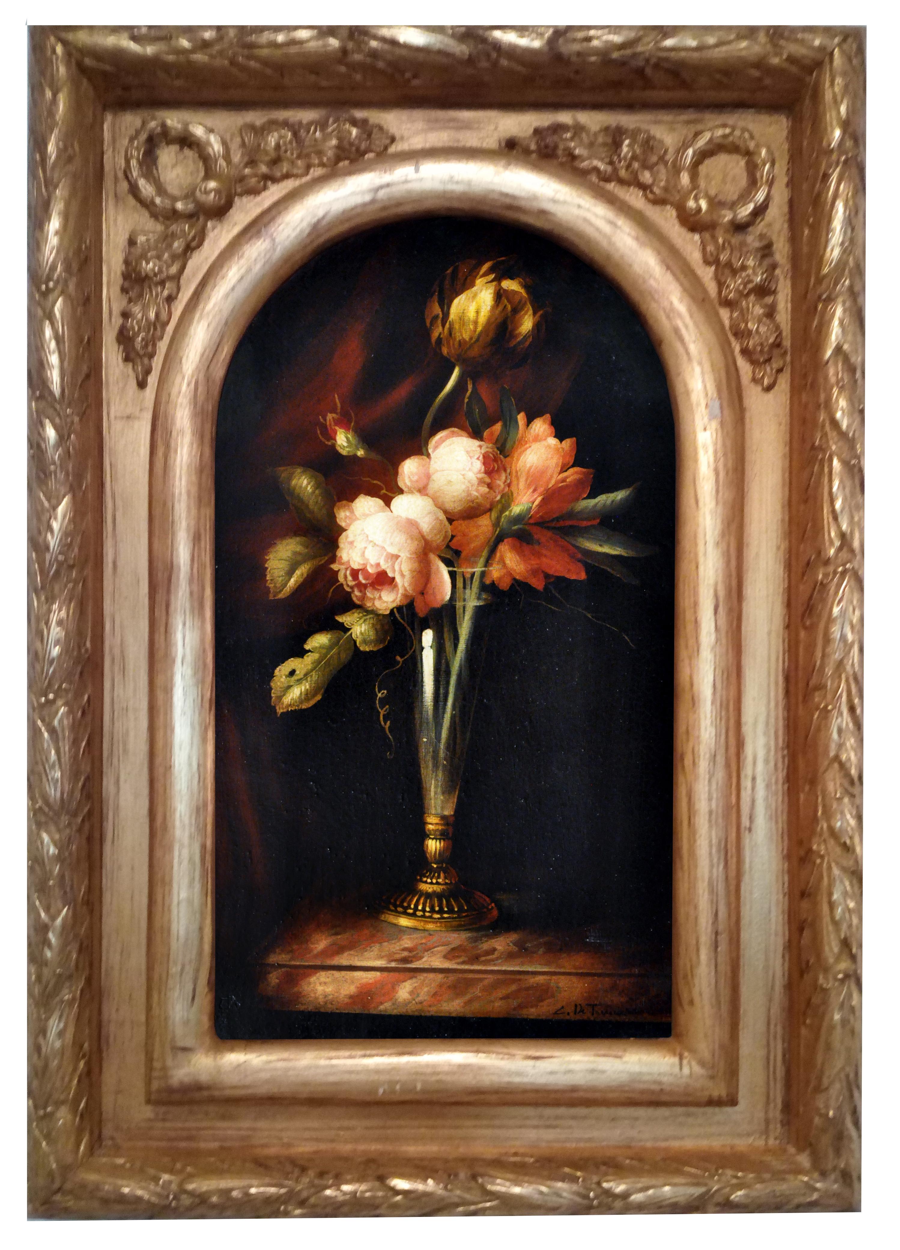 Flowers - Carlo De Tommasi Italia 2009 - Oil on canvas cm. 45x25
Gold gilded wooden frame cm.65x44.
In this precious oil painting, Carlo De Tommasi is inspired by the Dutch compositions of Dutchman Jan Van Os.
 The mastery of De Tommasi allows him