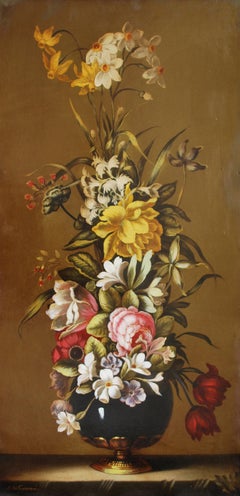 FLORES - Carlo De Tommasi - Bodegón Óleo sobre lienzo  Pintura italiana