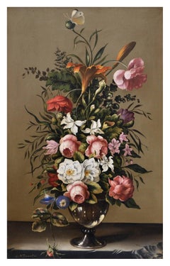 FLORES - Carlo De Tommasi  -  Naturaleza muerta Óleo sobre lienzo  Pintura italiana