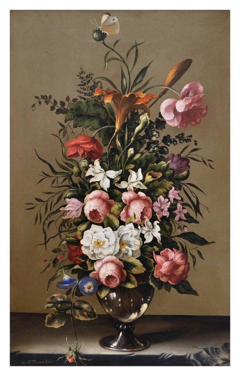 FLOWERS - Carlo De Tommasi  -  Still Life Oil on Canvas  Italian Painting For Sale 1