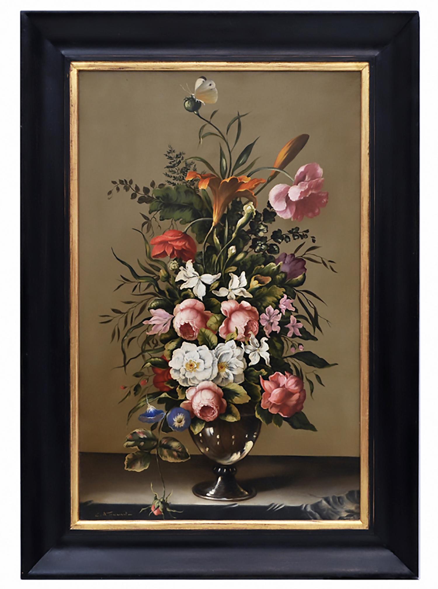 FLEURS - Carlo De Tommasi  -  Nature morte à l'huile sur toile  Peinture italienne