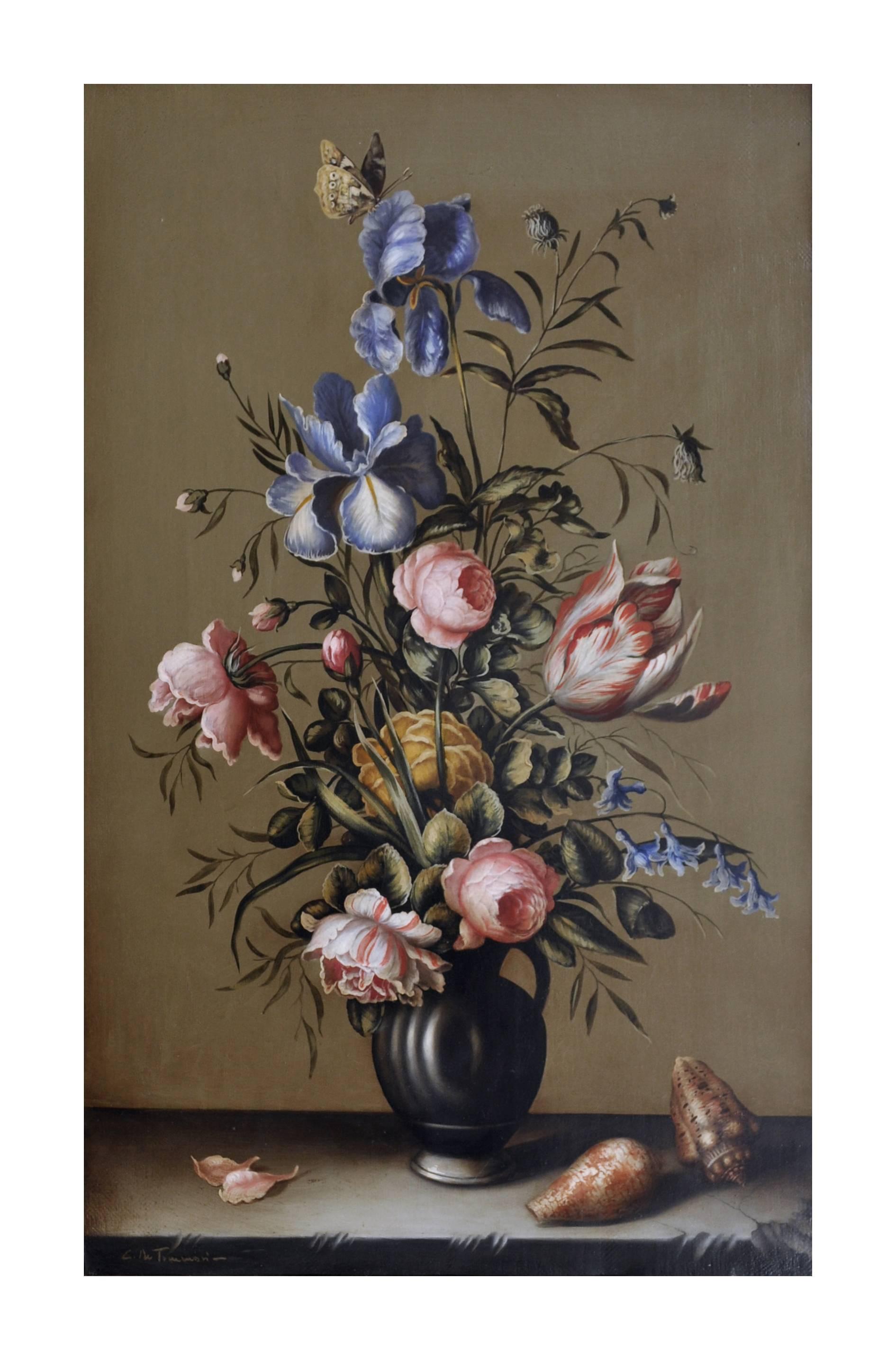 FLOWERS - École hollandaise  Nature morte italienne Huile sur toile - Painting de Carlo De Tommasi