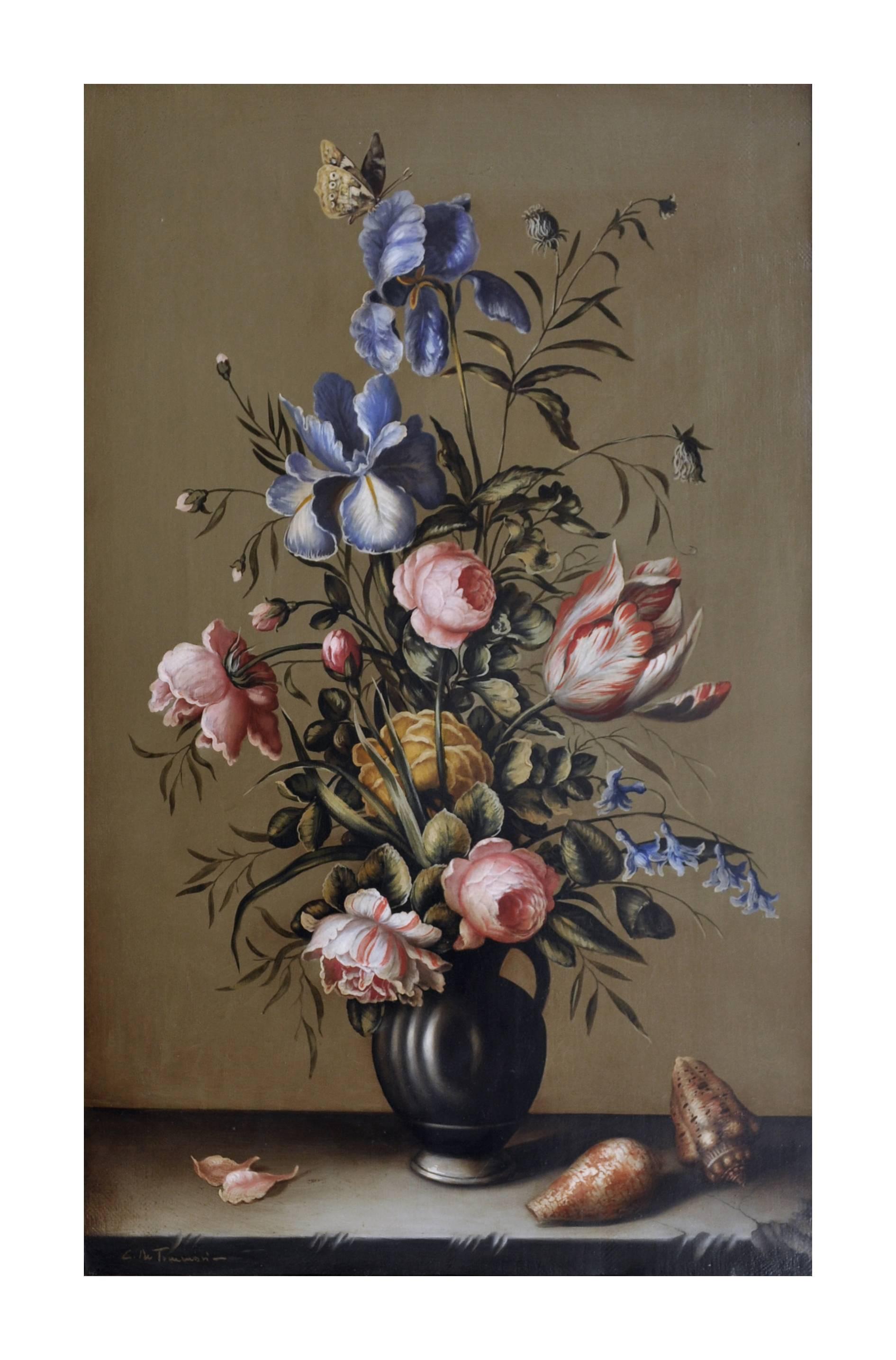 FLOWERS – Dutch School –  Italienisches Stilleben Öl auf Leinwand Gemälde – Painting von Carlo De Tommasi