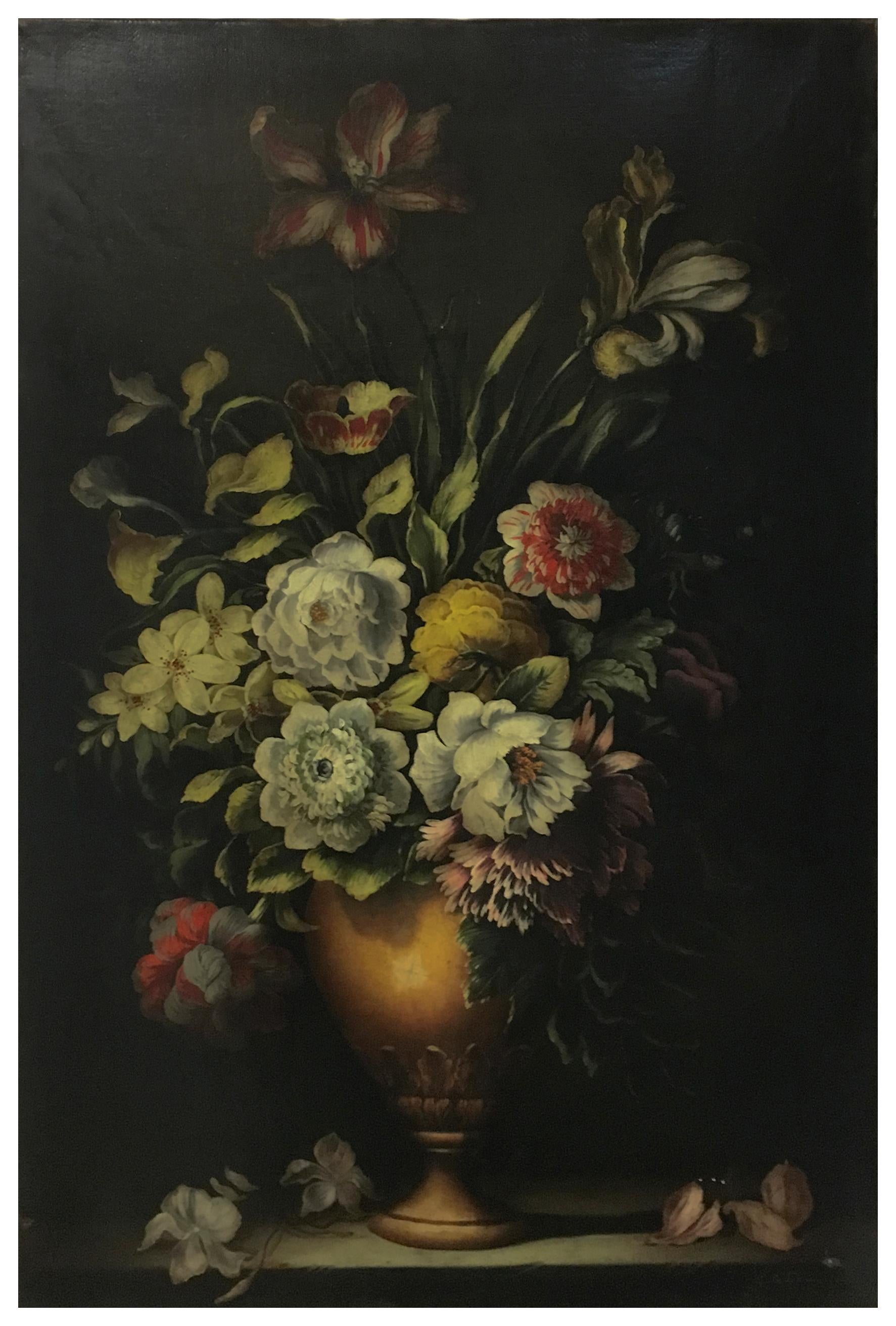 FLOWERS - Dutch School -Italian Still Life Oil on Canvas Painting - Black Still-Life Painting by Carlo De Tommasi