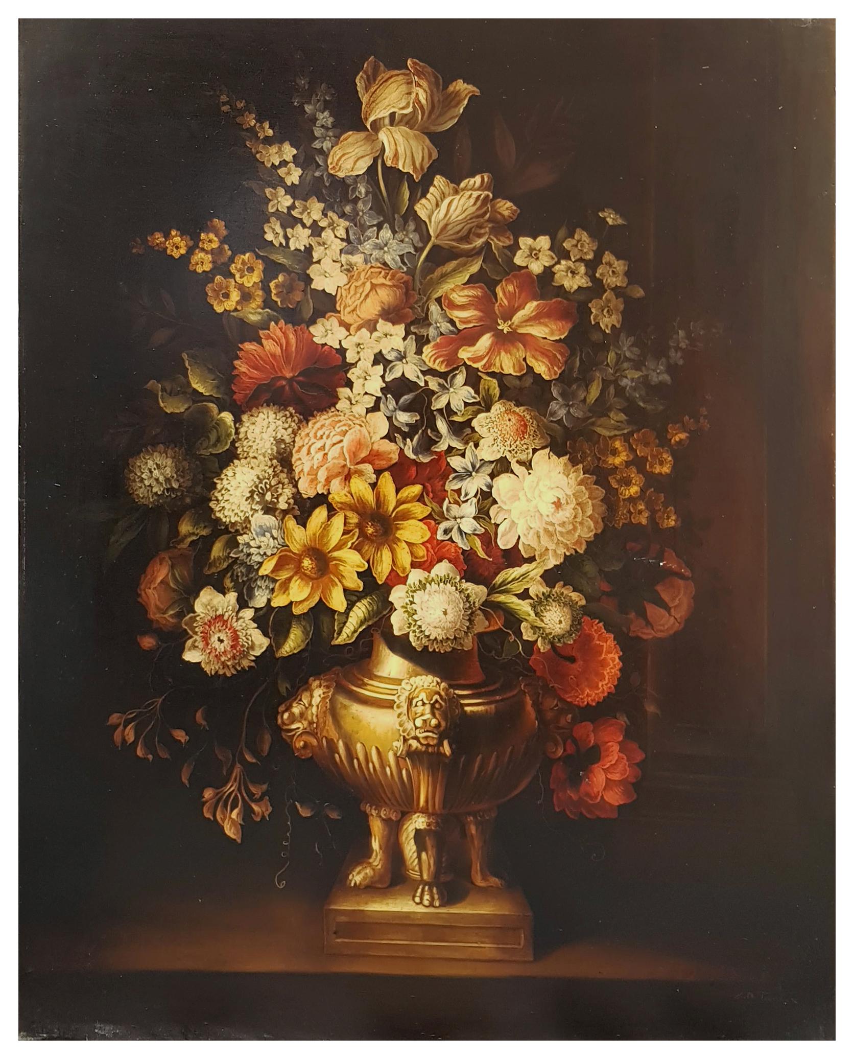 FLORES - A la manera de A.Bosschaer Óleo sobre lienzo Bodegón italiano - Painting de Carlo De Tommasi
