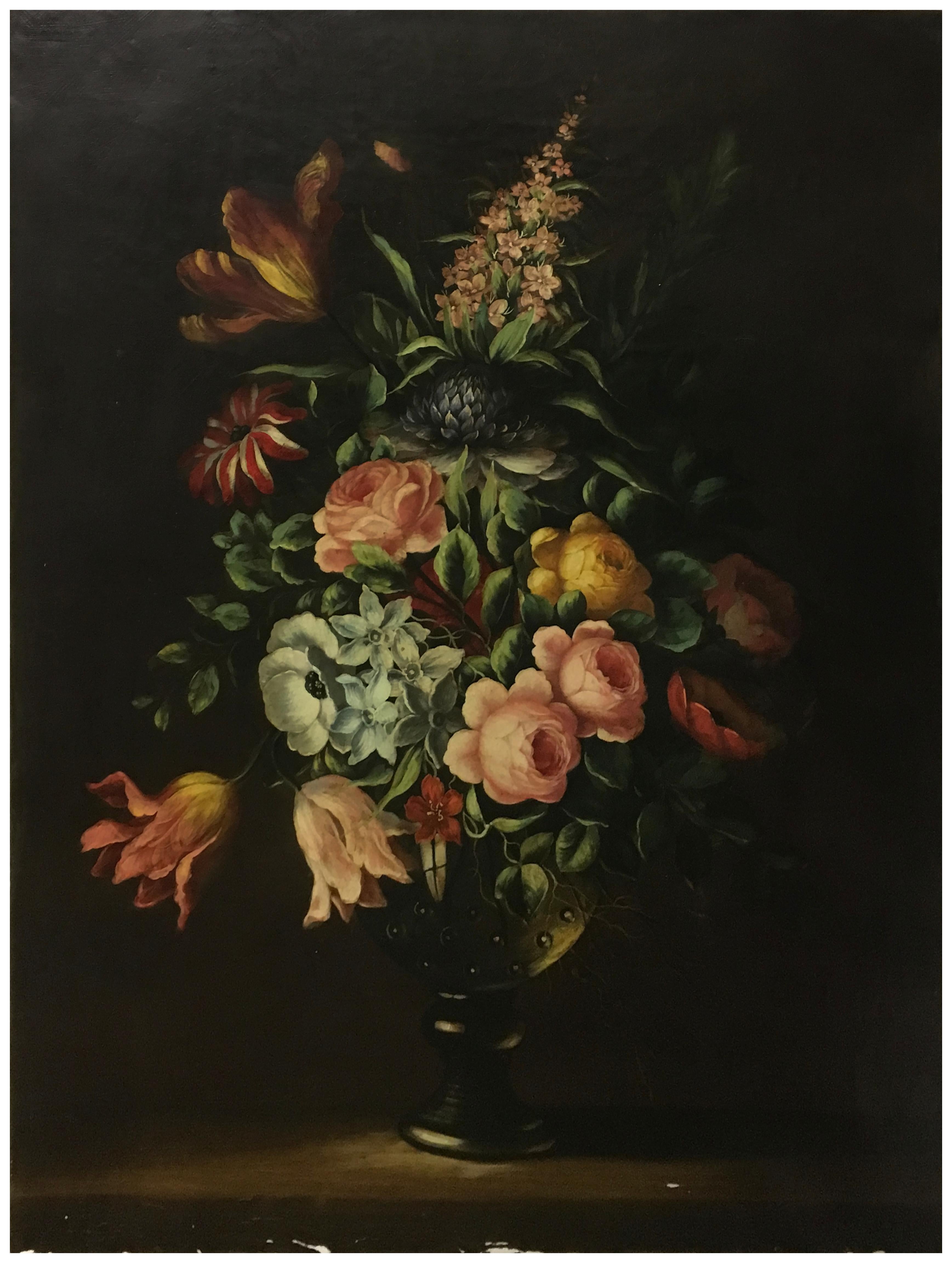 FLOWERS - In the Manner of J.B. Monnoyer - Oil on Canvas  Italian Painting - Black Still-Life Painting by Carlo De Tommasi