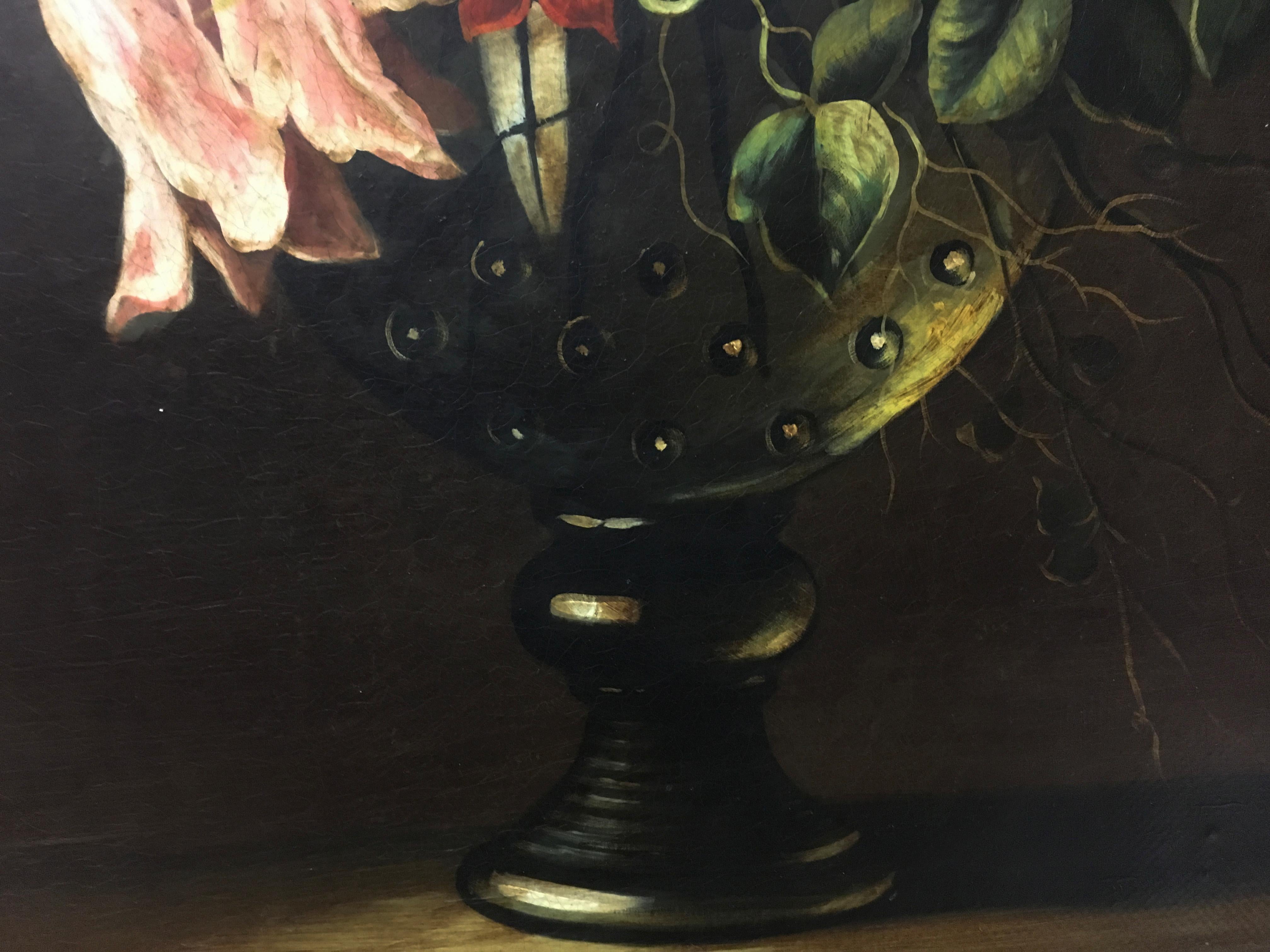 FLOWERS – In der Art von J.B. Monnoyer – Öl auf Leinwand  Italienische Malerei (Schwarz), Still-Life Painting, von Carlo De Tommasi
