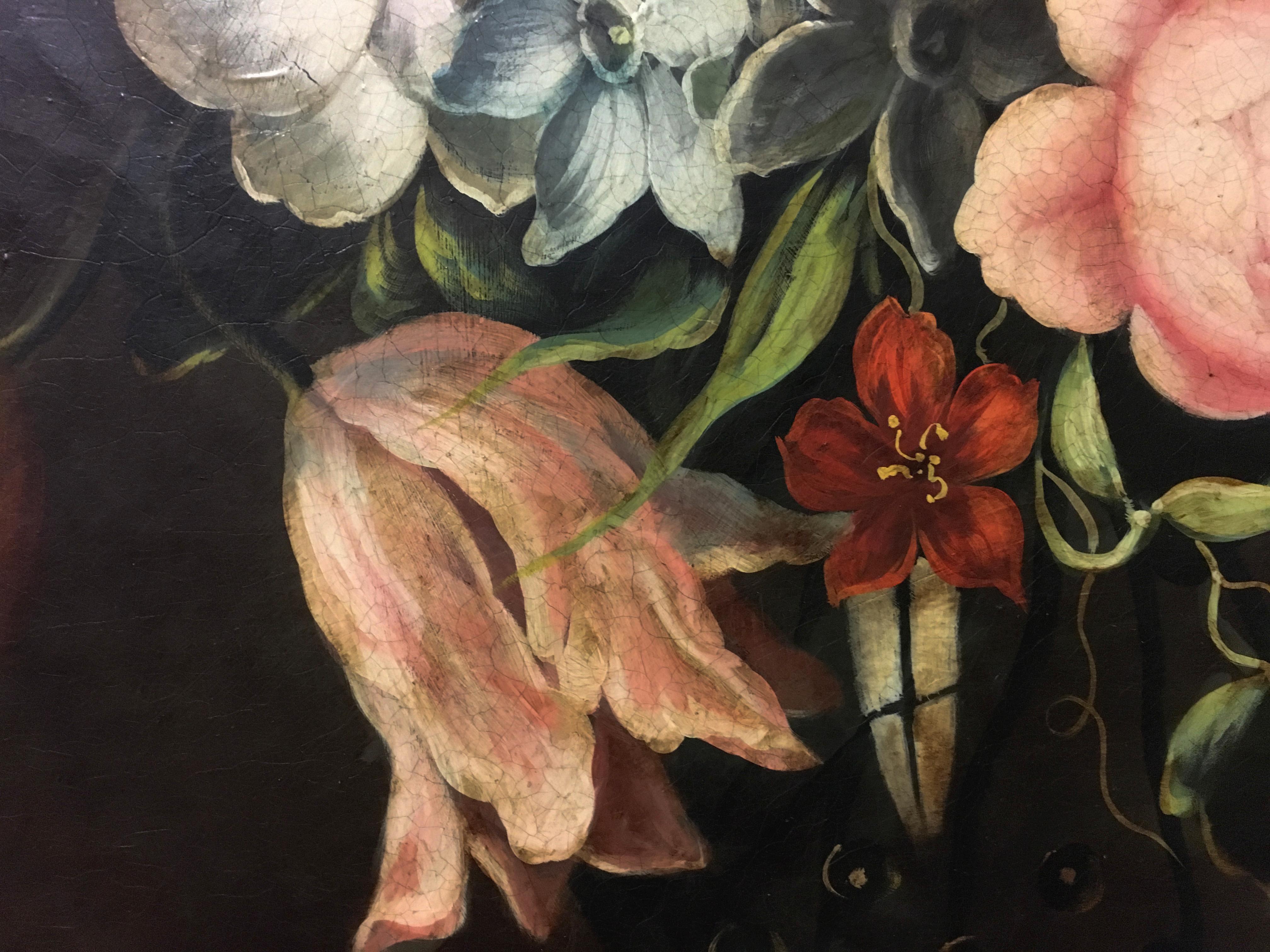 Fiori - Carlo De Tommasi Italia 2010 - Olio su tela cm. 80x60
Cornice in legno dorato a foglia d'oro cm.106x86
Questo meraviglioso dipinto ispirato a Jean-Baptiste Monnoyer, mostra un vaso con un ricco bouquet fiorito appoggiato su una superficie di