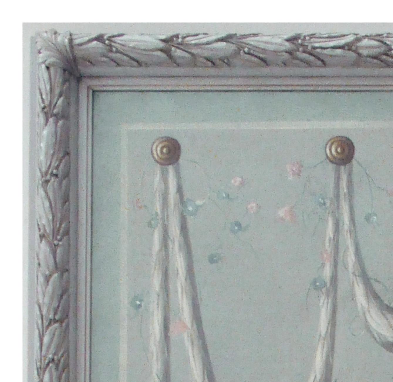 Grotesque - Carlo De Tommasi Italia 2012 - Oil on canvas cm. 130 x 80. 
Peral grey laquared wooden frame cm. 150 x 100
The painting created by the painter Carlo De Tommasi is in neoclassical style with central medallion and floral vase.The