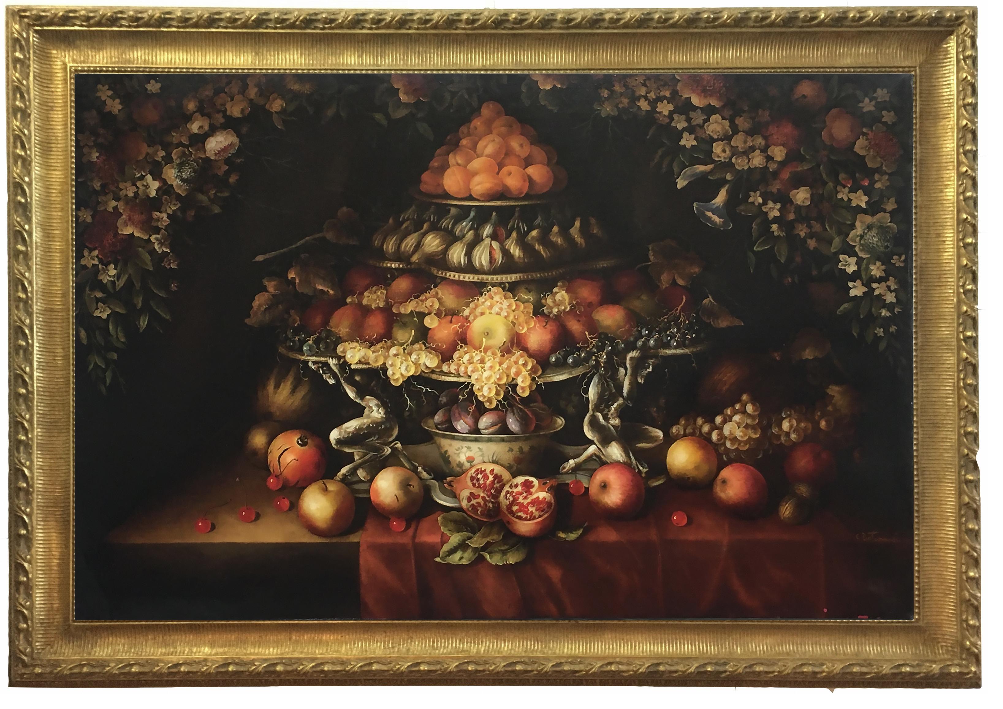 Triumph of fruit and flowers - Carlo De Tommasi Italia 2008 - Oil on canvas mis. cm. 80x120. 
The beautiful painting is inspired by the work of the brilliant French-Flemish painter Jean-Baptiste Monnoyer specialized in flower pieces. His sumptuous,